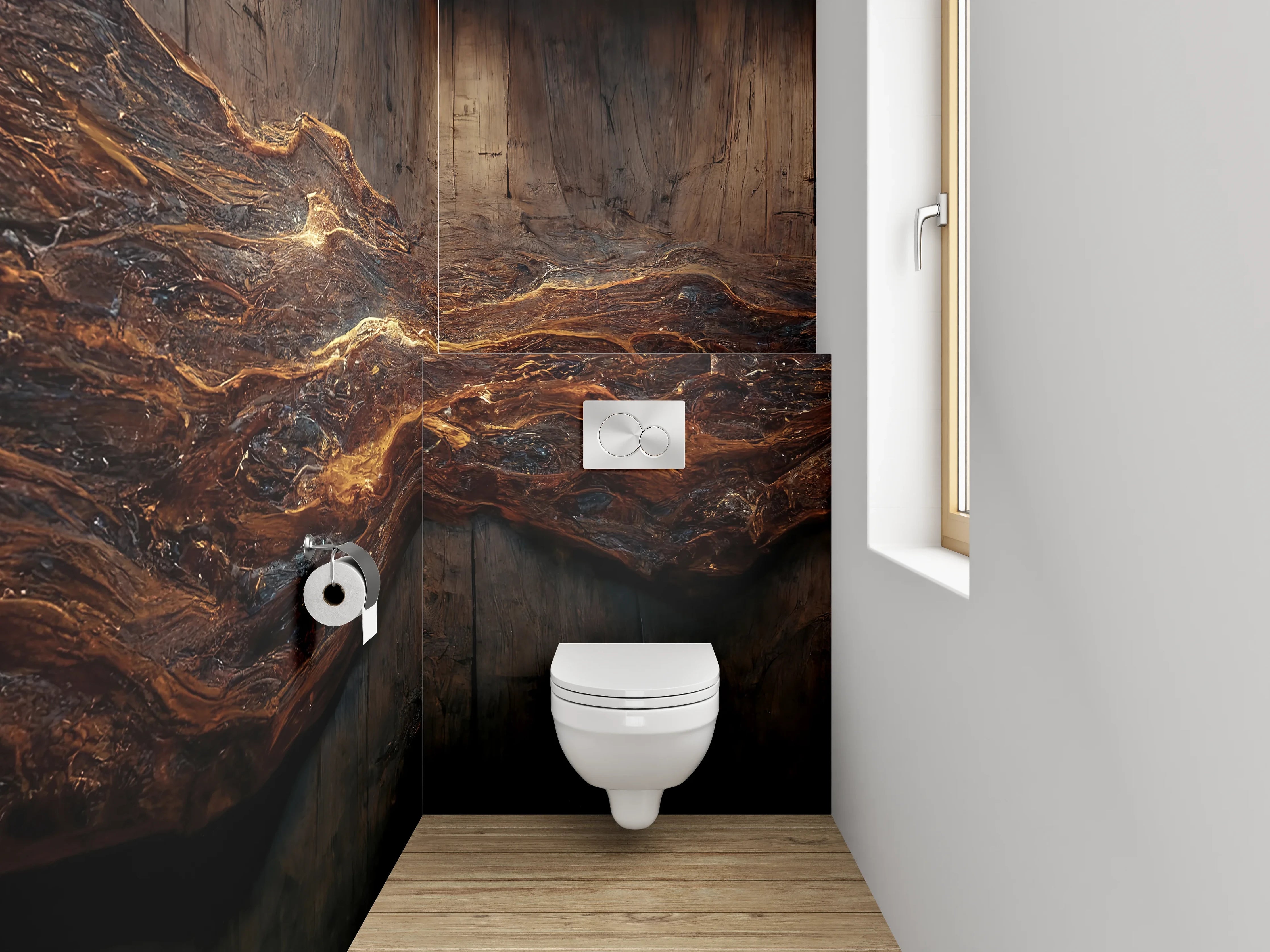 WC-Rückwand - Abstrakte Holzstruktur mit goldenen Adern