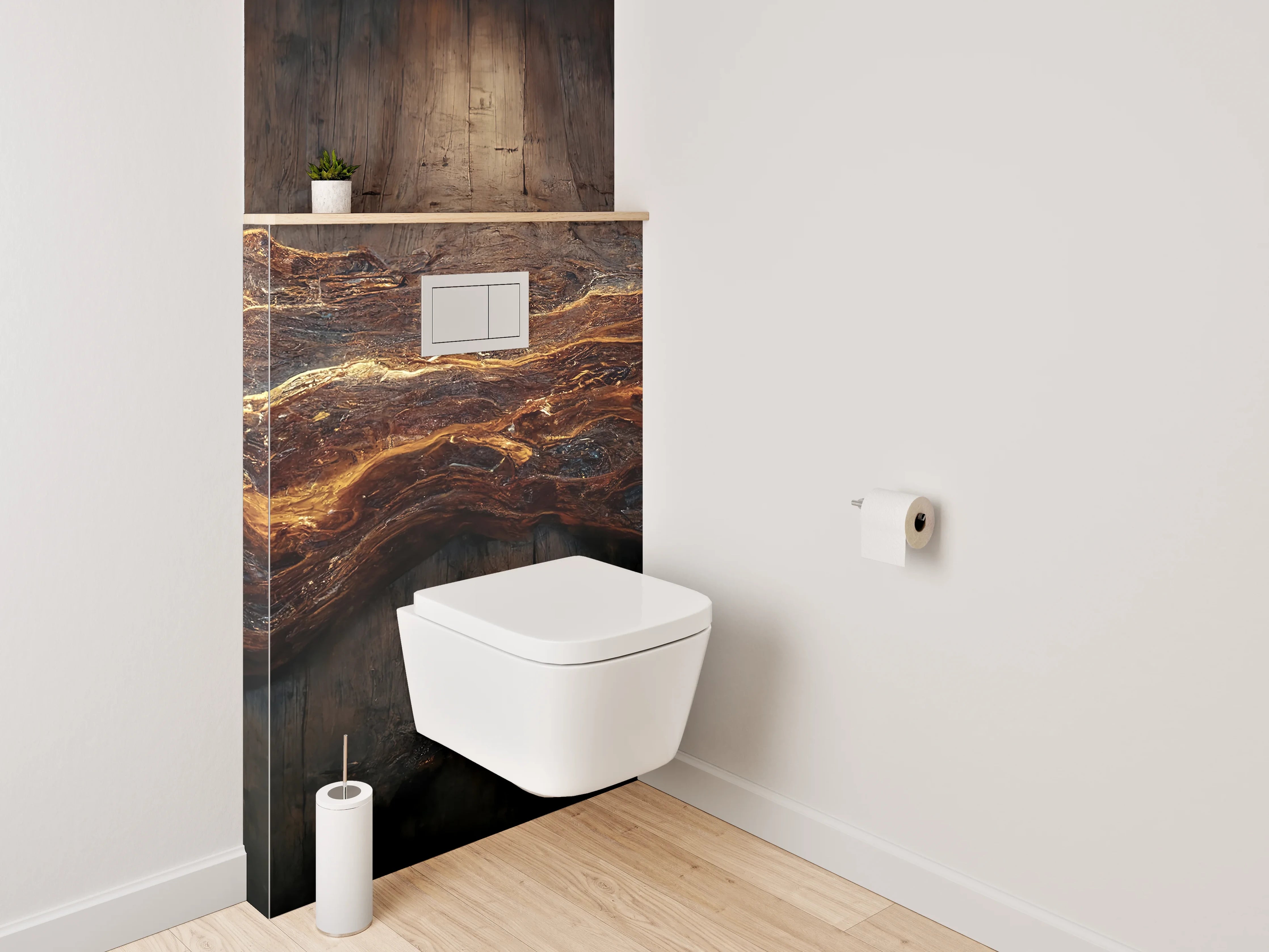 WC-Rückwand - Abstrakte Holzstruktur mit goldenen Adern