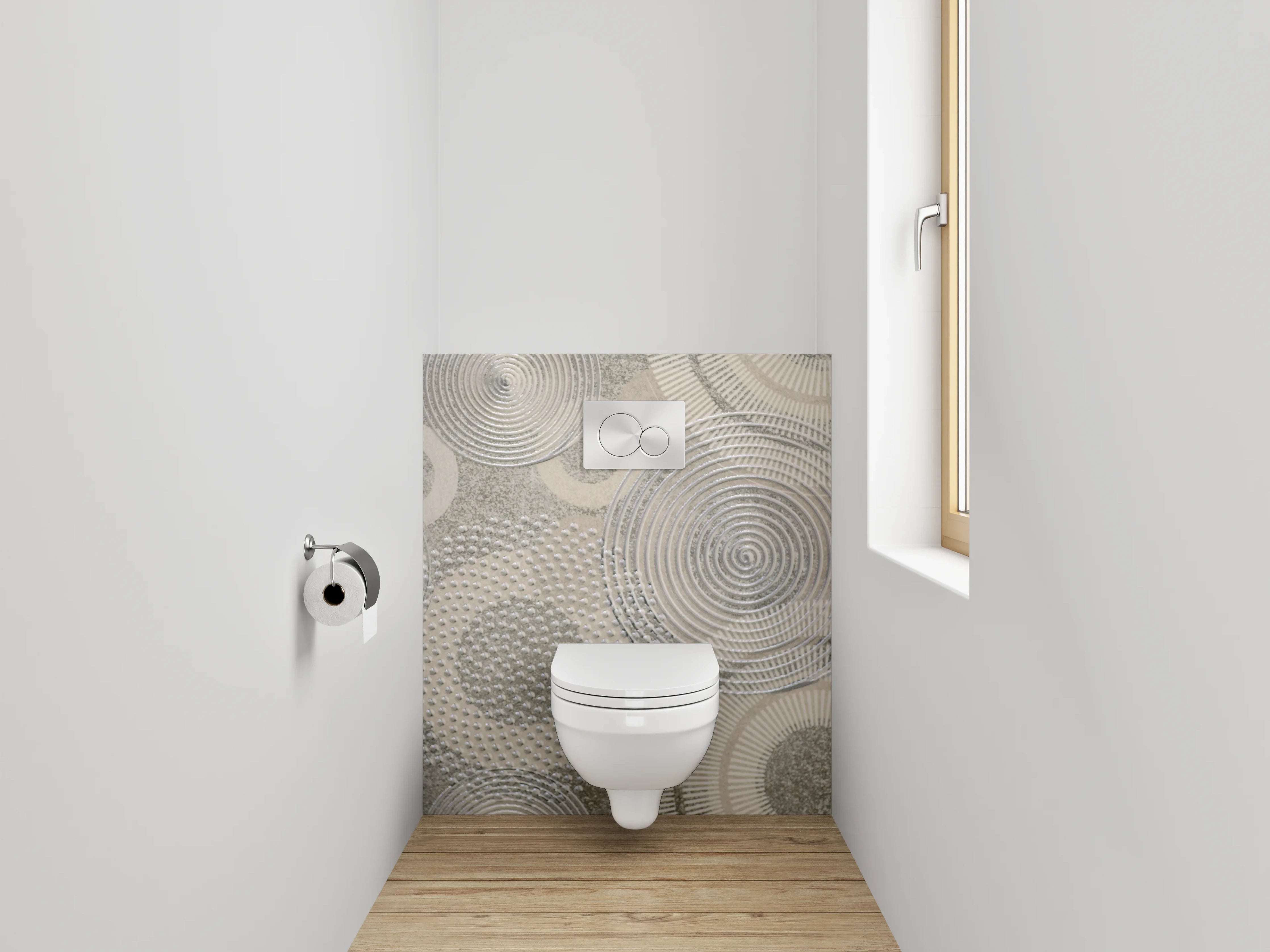 WC-Rückwand - Abstrakte Kreismuster in Grau und Weiß