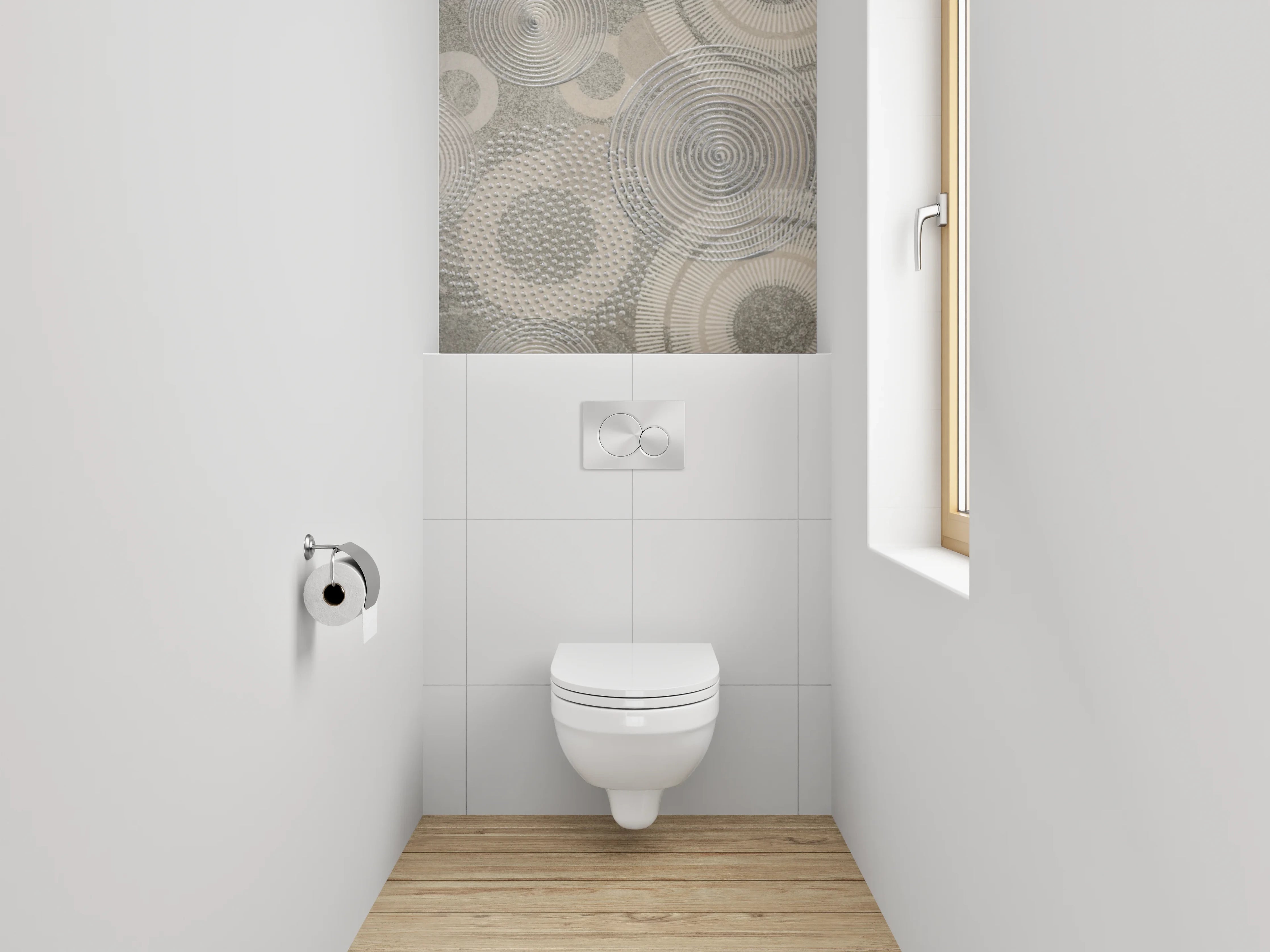 WC-Rückwand - Abstrakte Kreismuster in Grau und Weiß