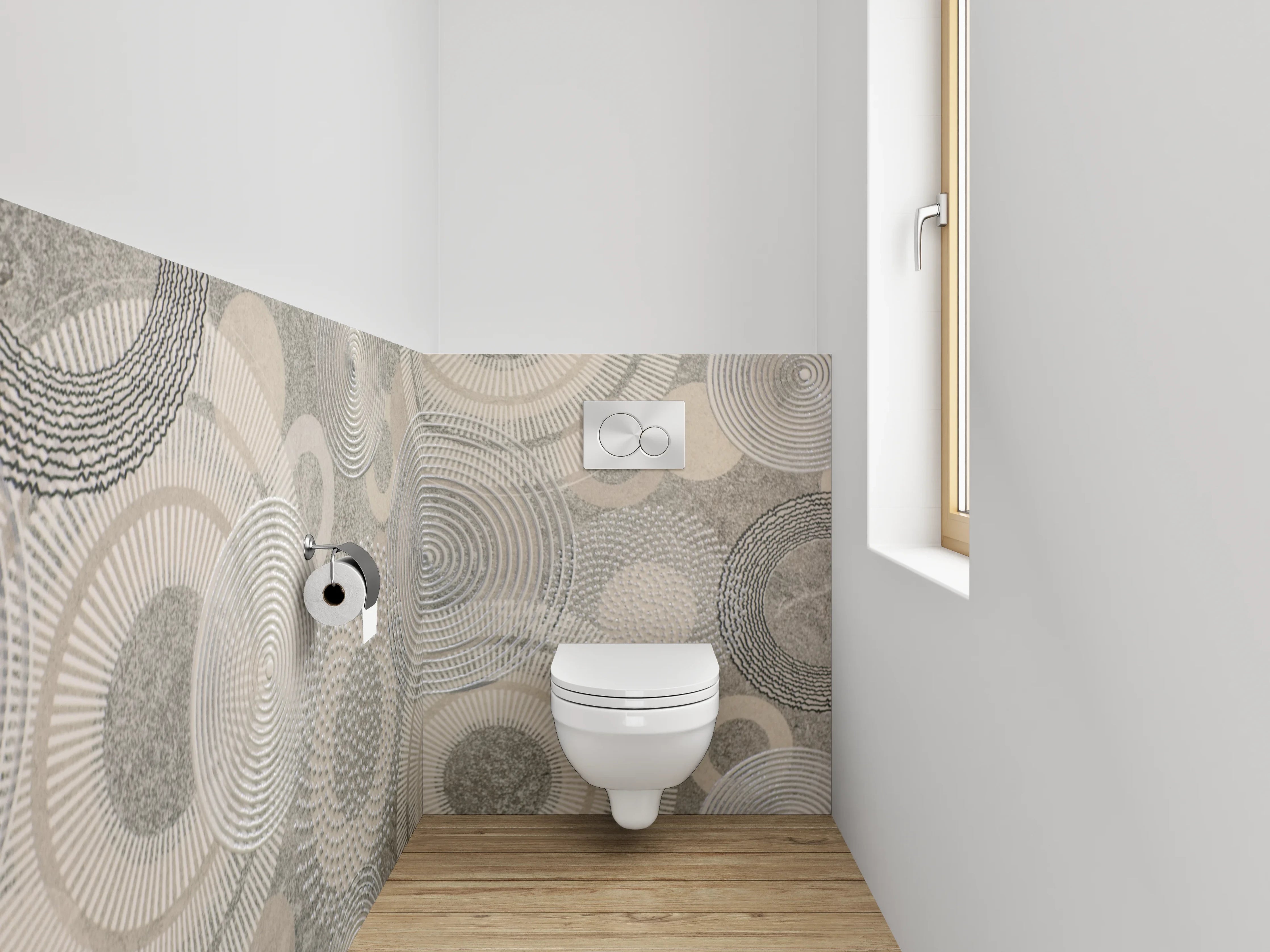 WC-Rückwand - Abstrakte Kreismuster in Grau und Weiß