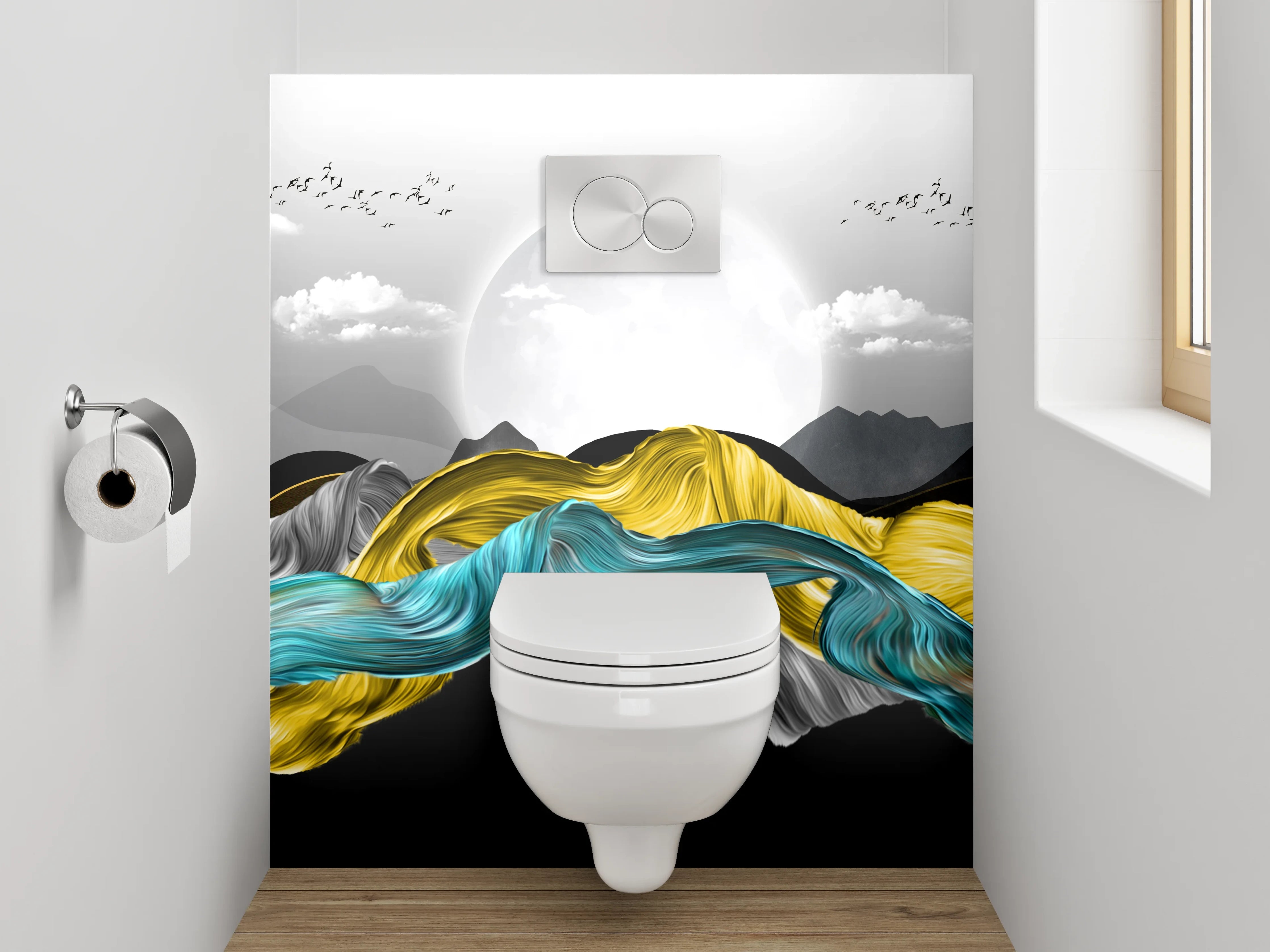 WC-Rückwand - Abstrakte Landschaft in Gelb und Blau