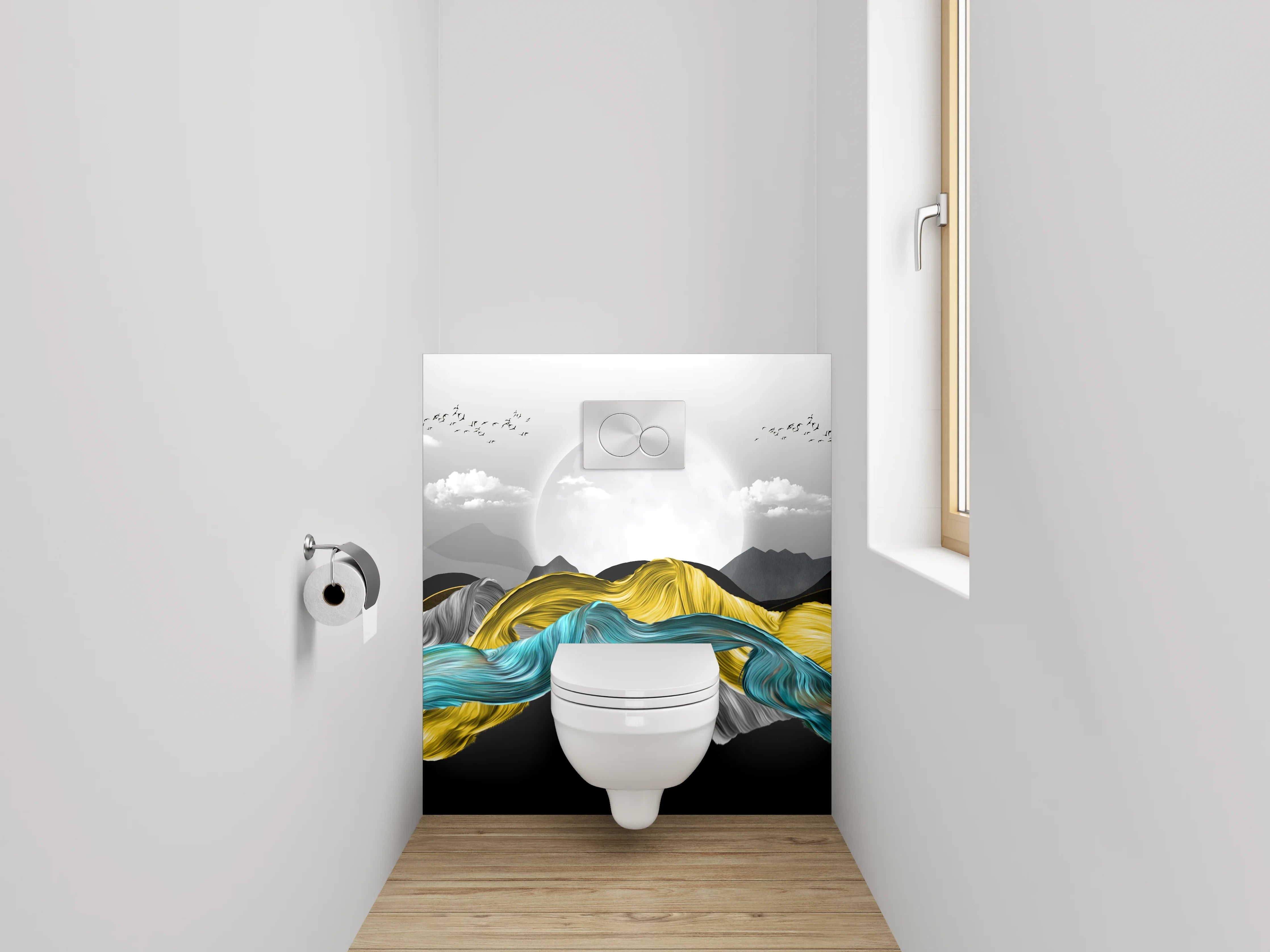 WC-Rückwand - Abstrakte Landschaft in Gelb und Blau