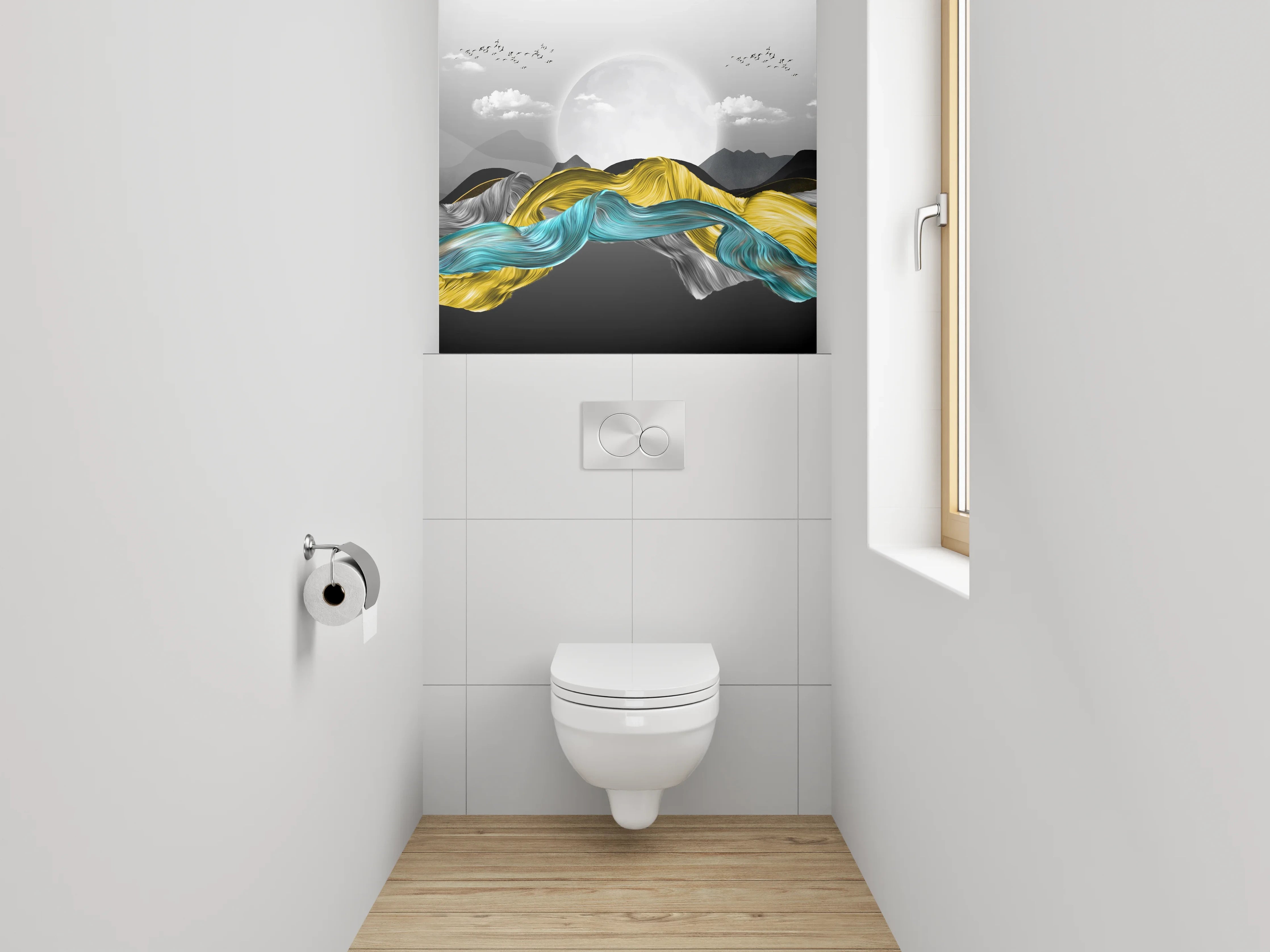 WC-Rückwand - Abstrakte Landschaft in Gelb und Blau