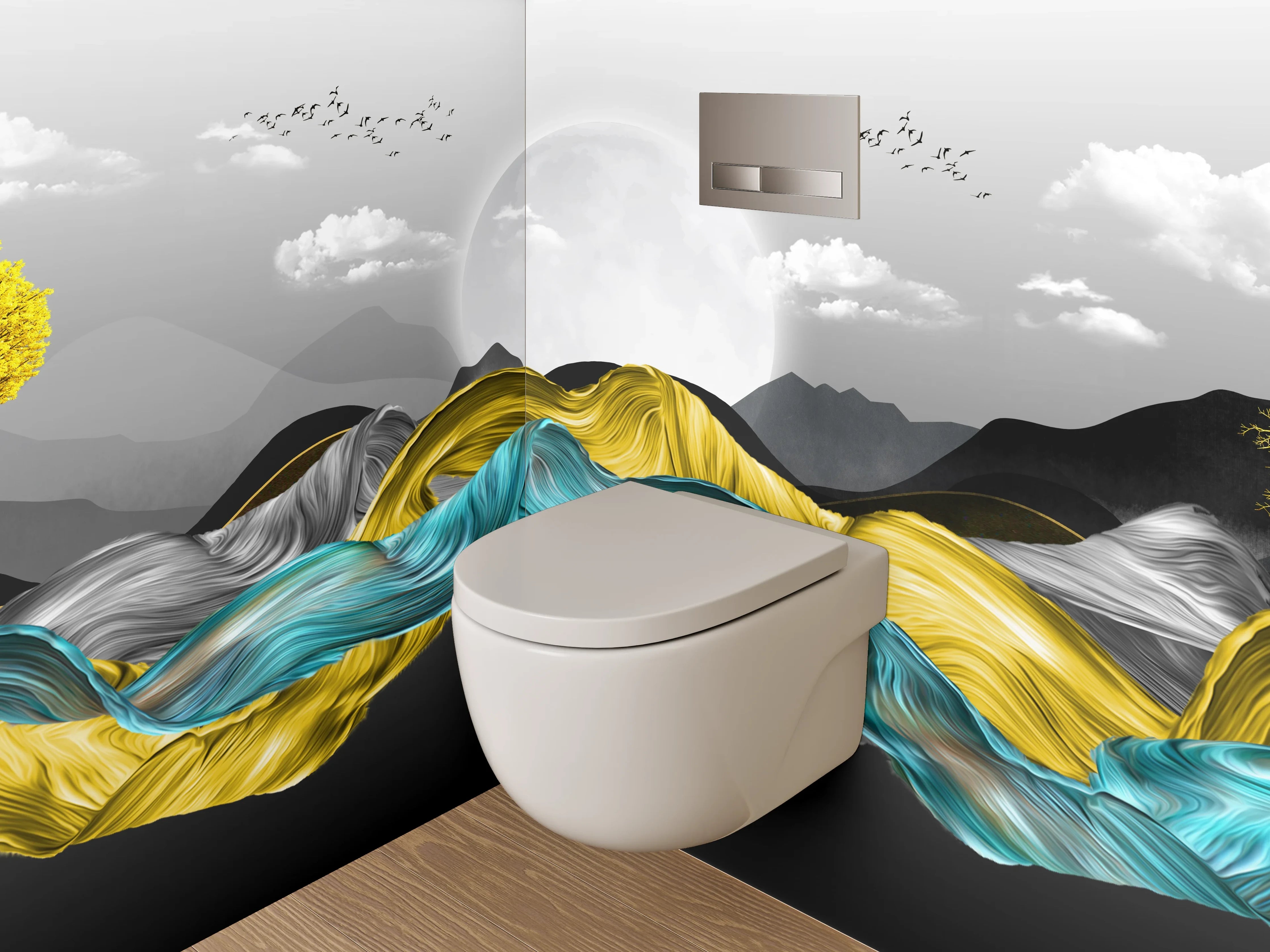 WC-Rückwand - Abstrakte Landschaft in Gelb und Blau