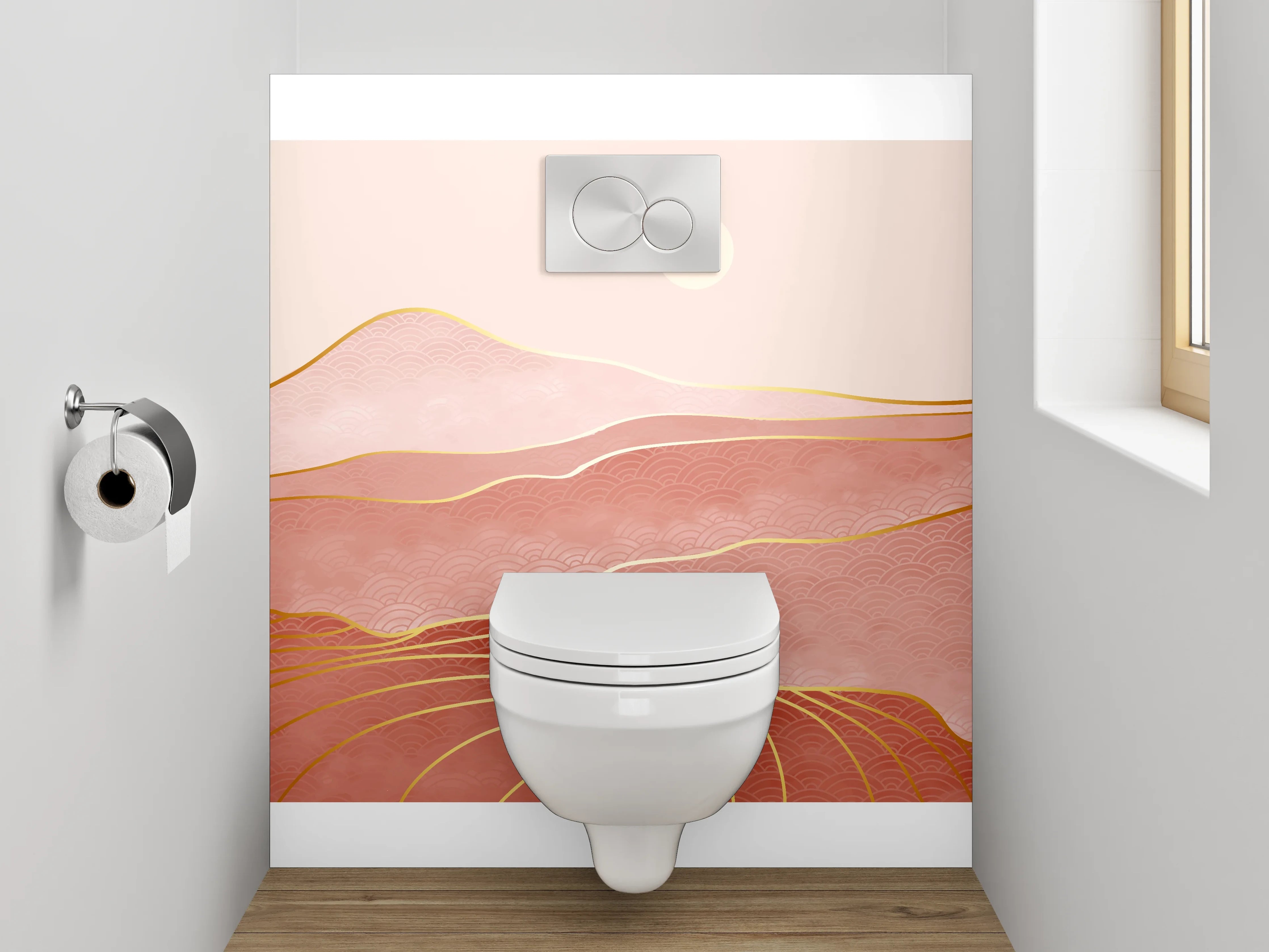 WC-Rückwand - Abstrakte Landschaft in Rosa und Gold