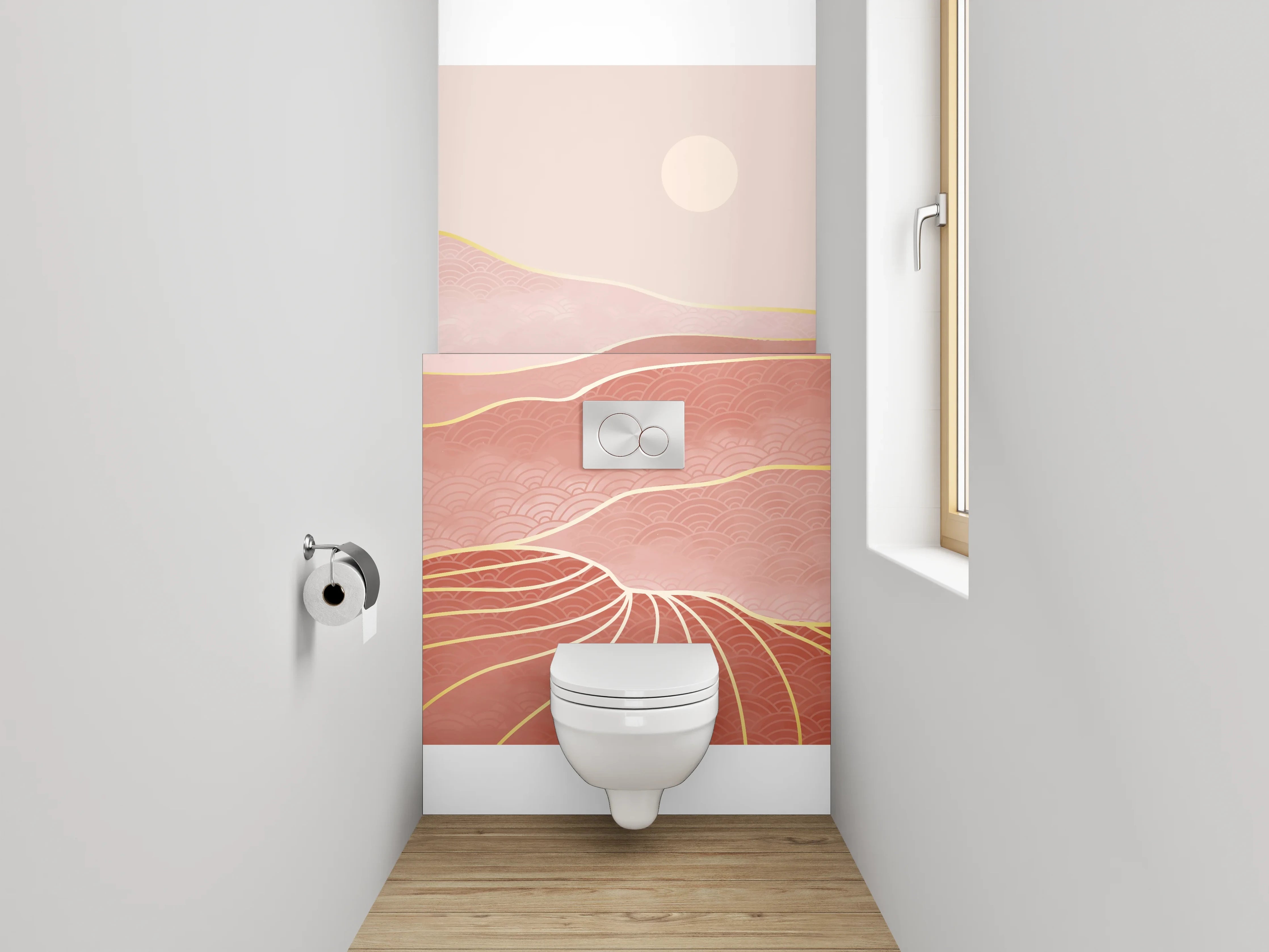 WC-Rückwand - Abstrakte Landschaft in Rosa und Gold