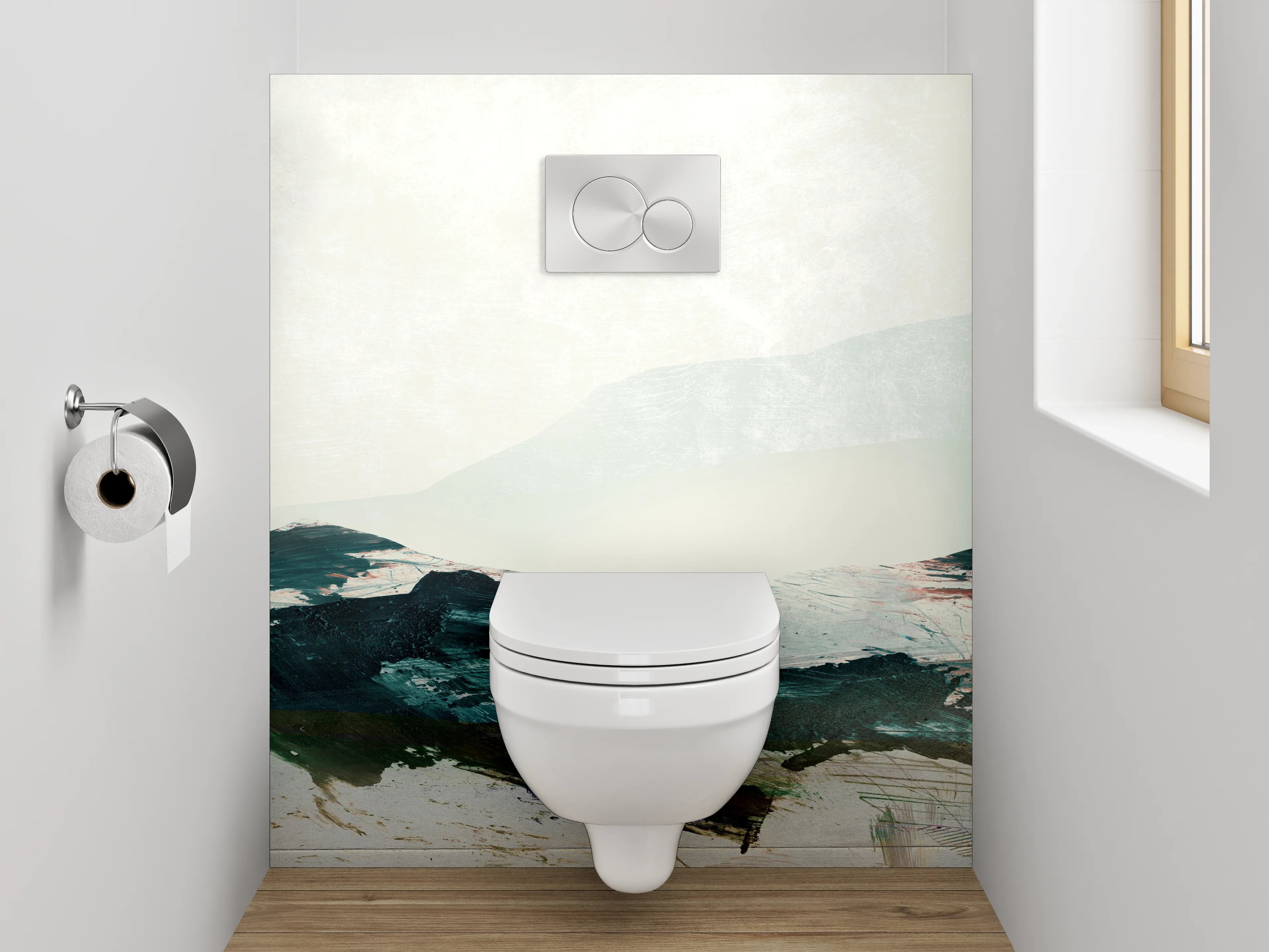 WC-Rückwand - Abstrakte Landschaft in Weiß und Blau