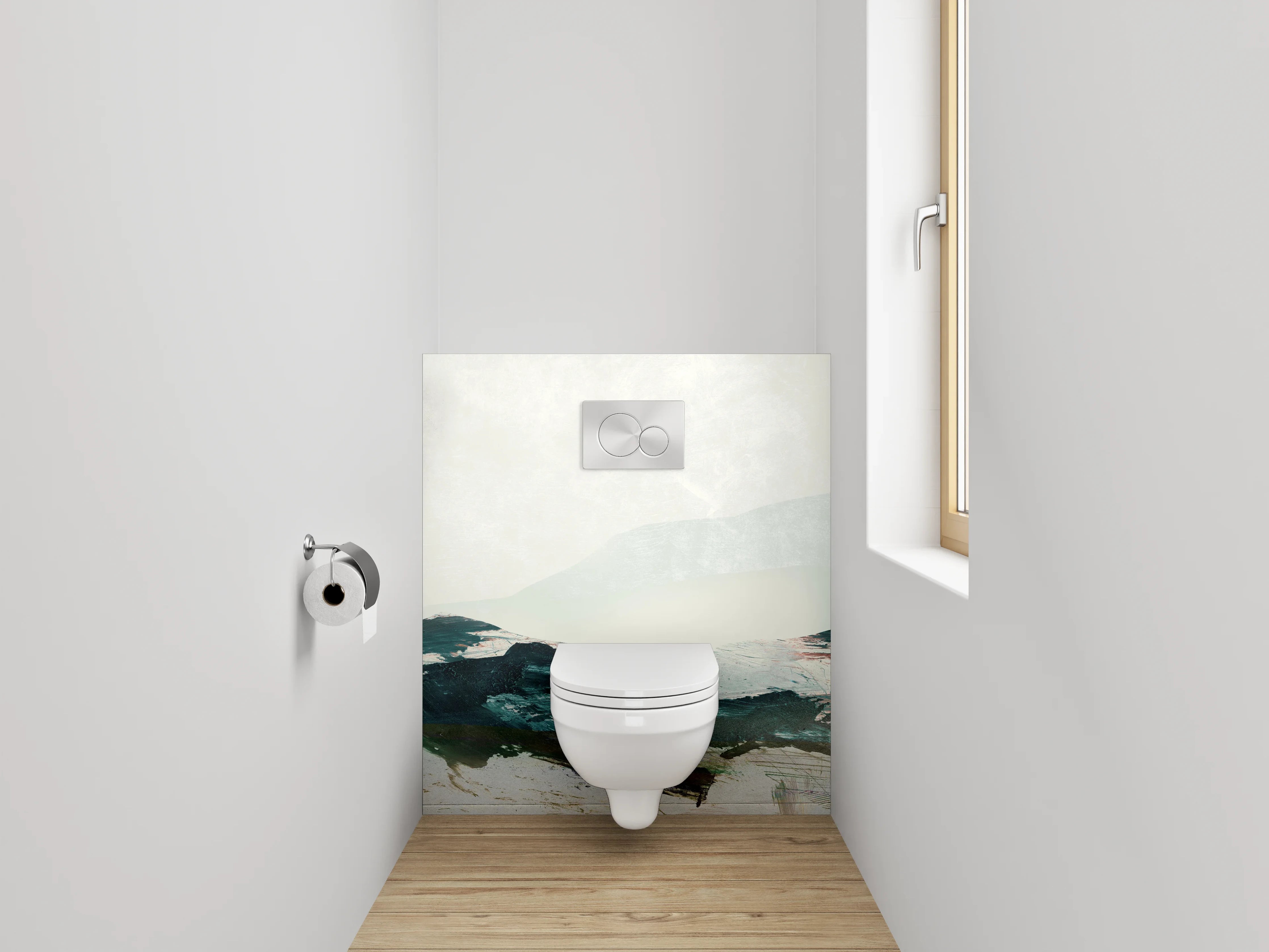 WC-Rückwand - Abstrakte Landschaft in Weiß und Blau