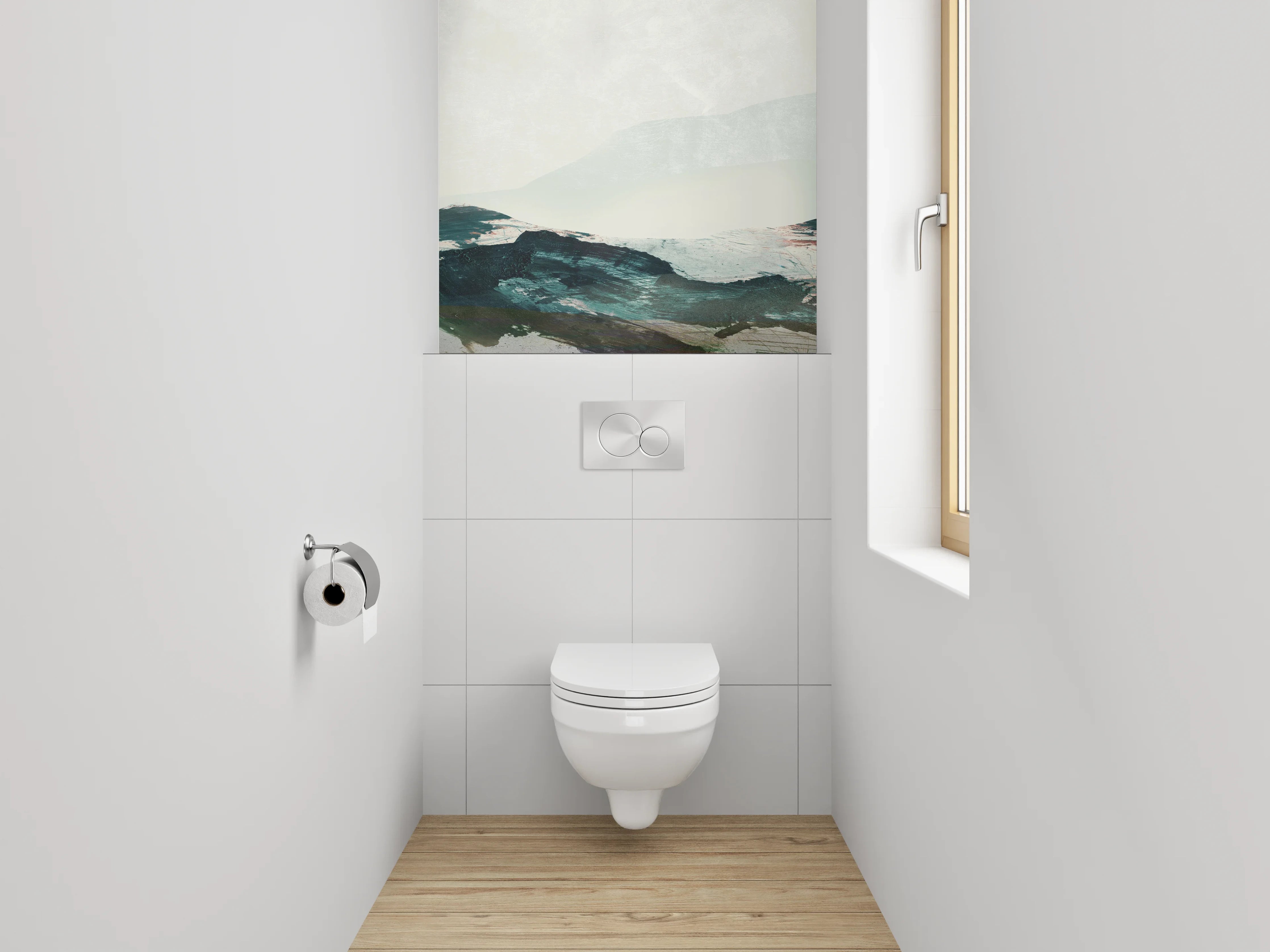 WC-Rückwand - Abstrakte Landschaft in Weiß und Blau