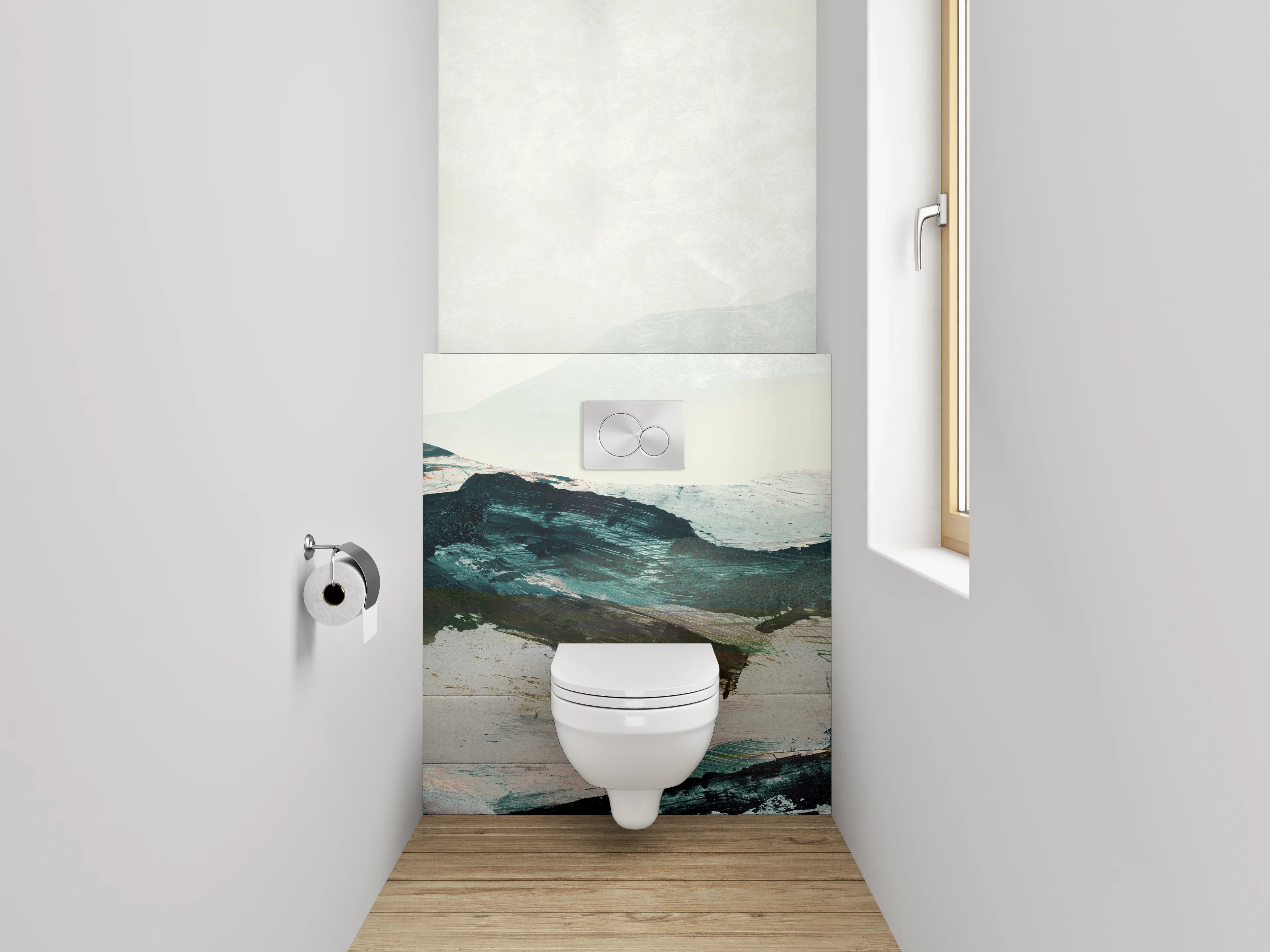 WC-Rückwand - Abstrakte Landschaft in Weiß und Blau