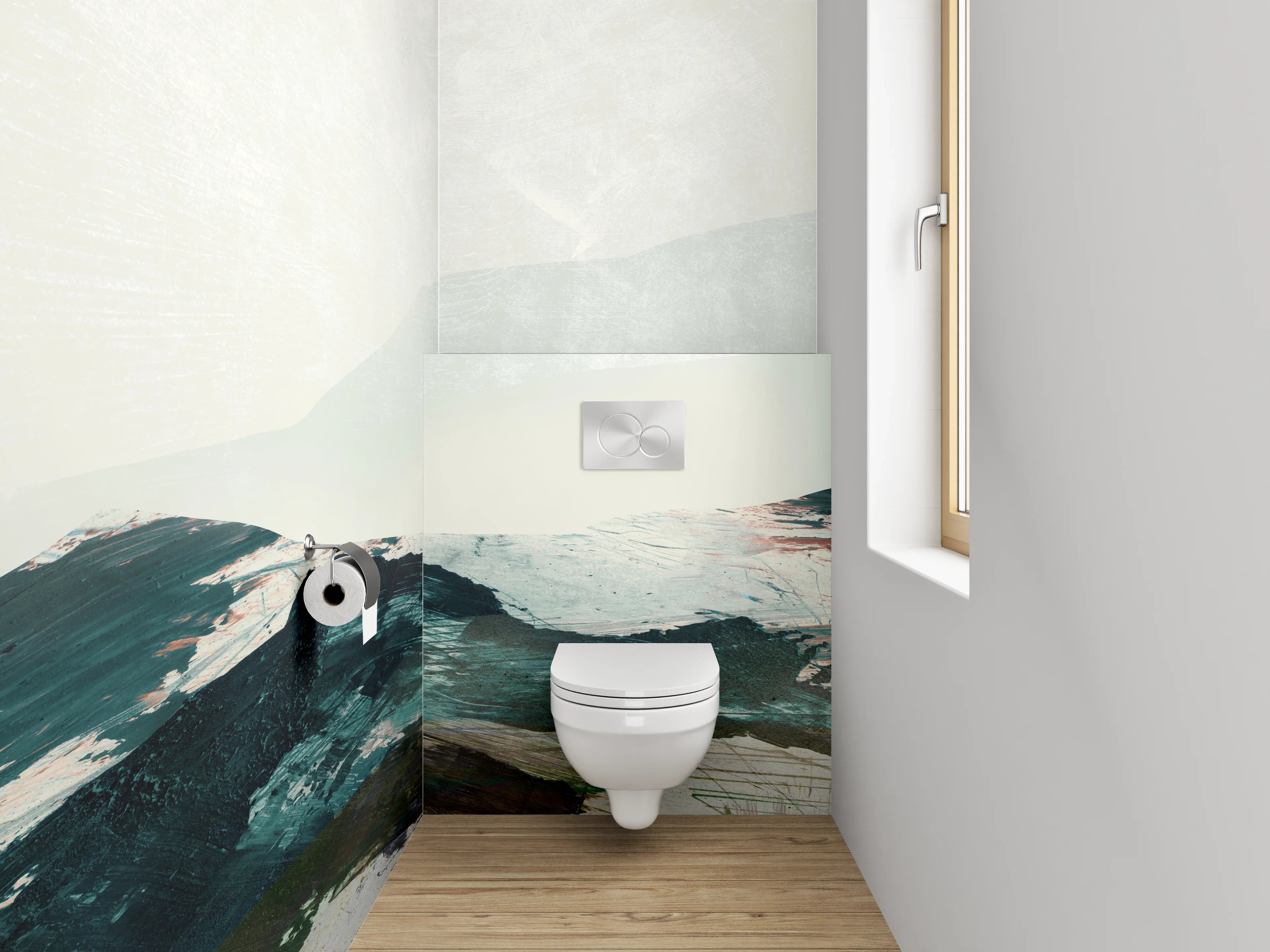 WC-Rückwand - Abstrakte Landschaft in Weiß und Blau