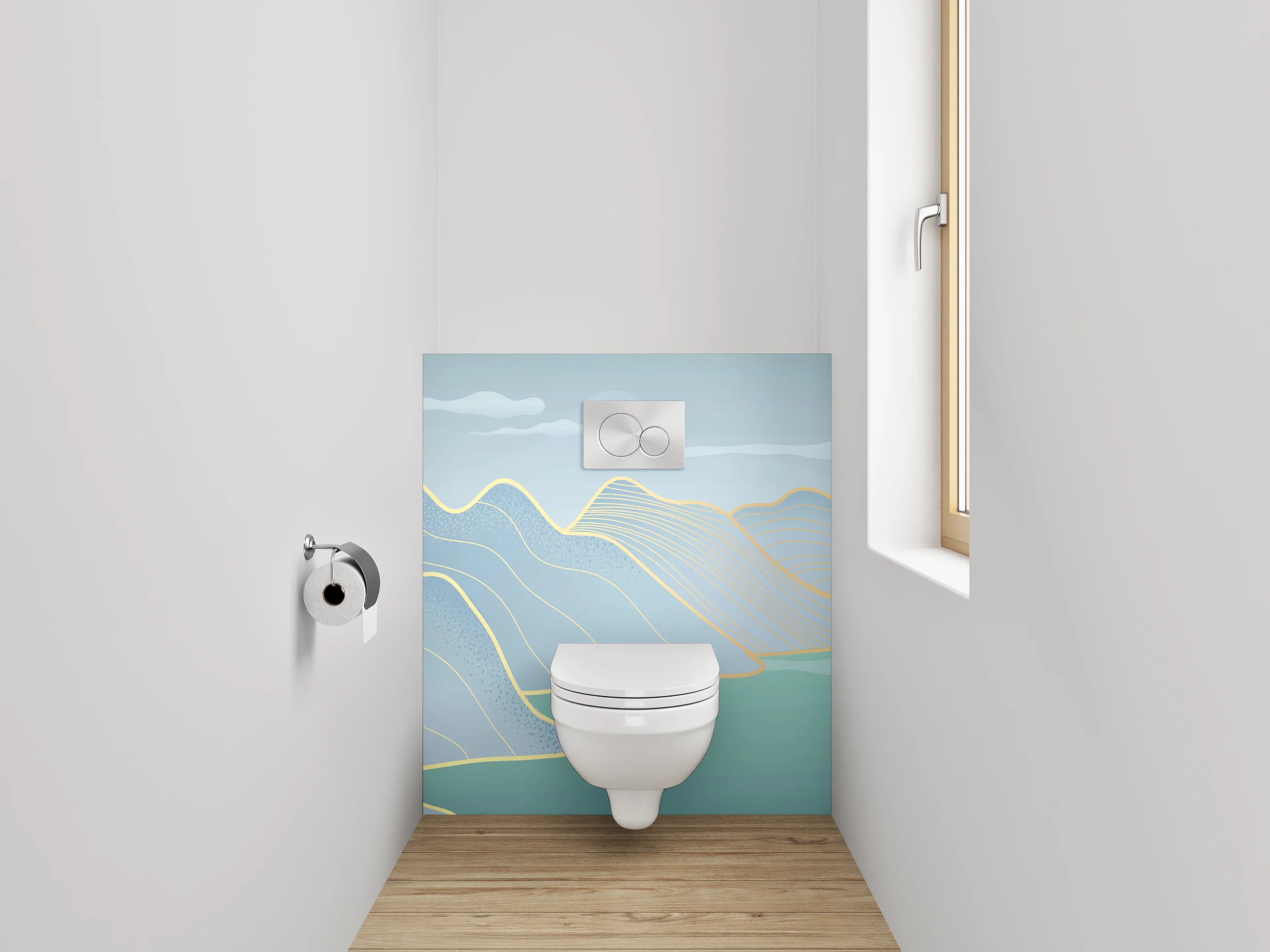 WC-Rückwand - Abstrakte Landschaft in zarten Blautönen