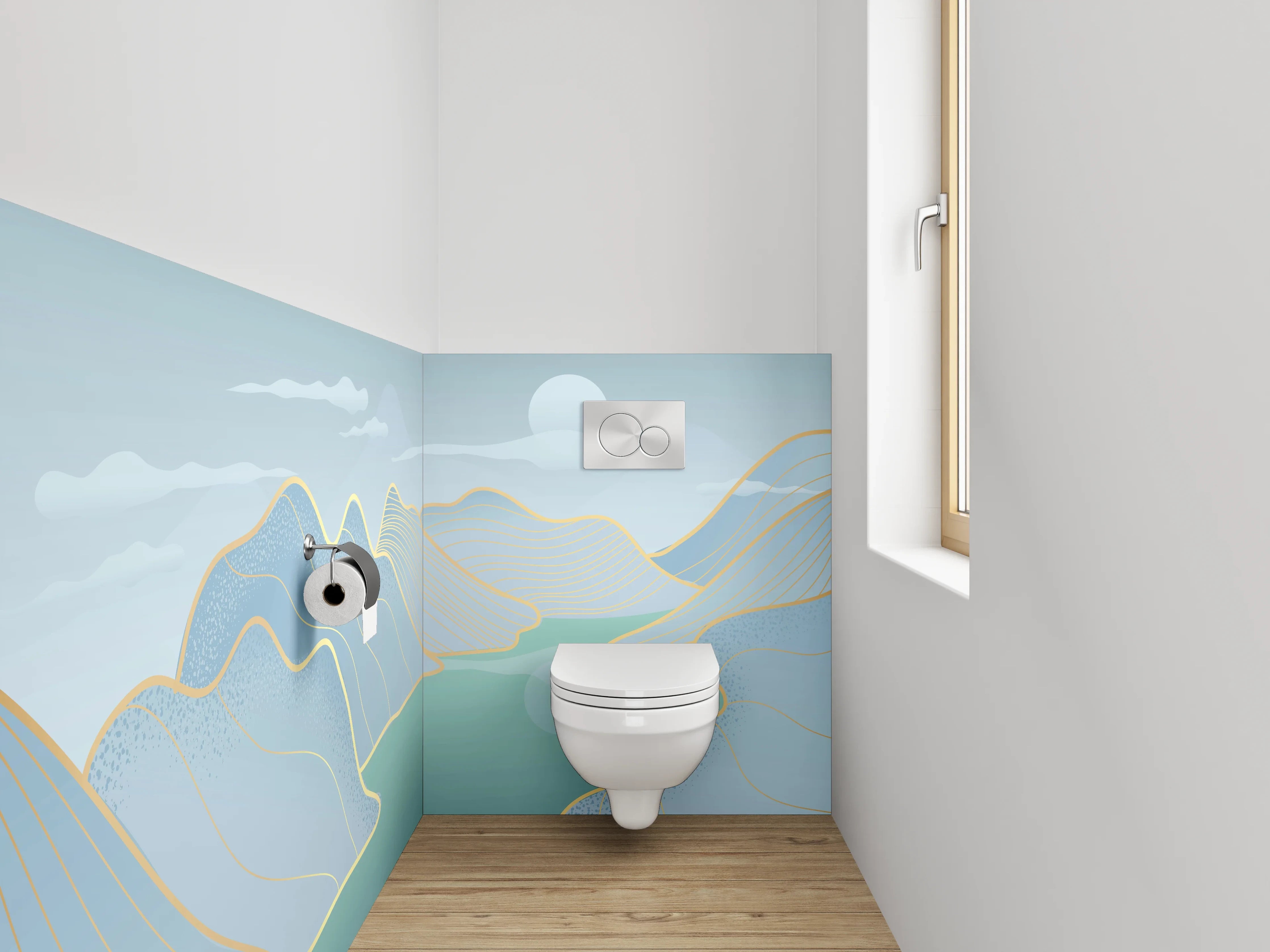 WC-Rückwand - Abstrakte Landschaft in zarten Blautönen