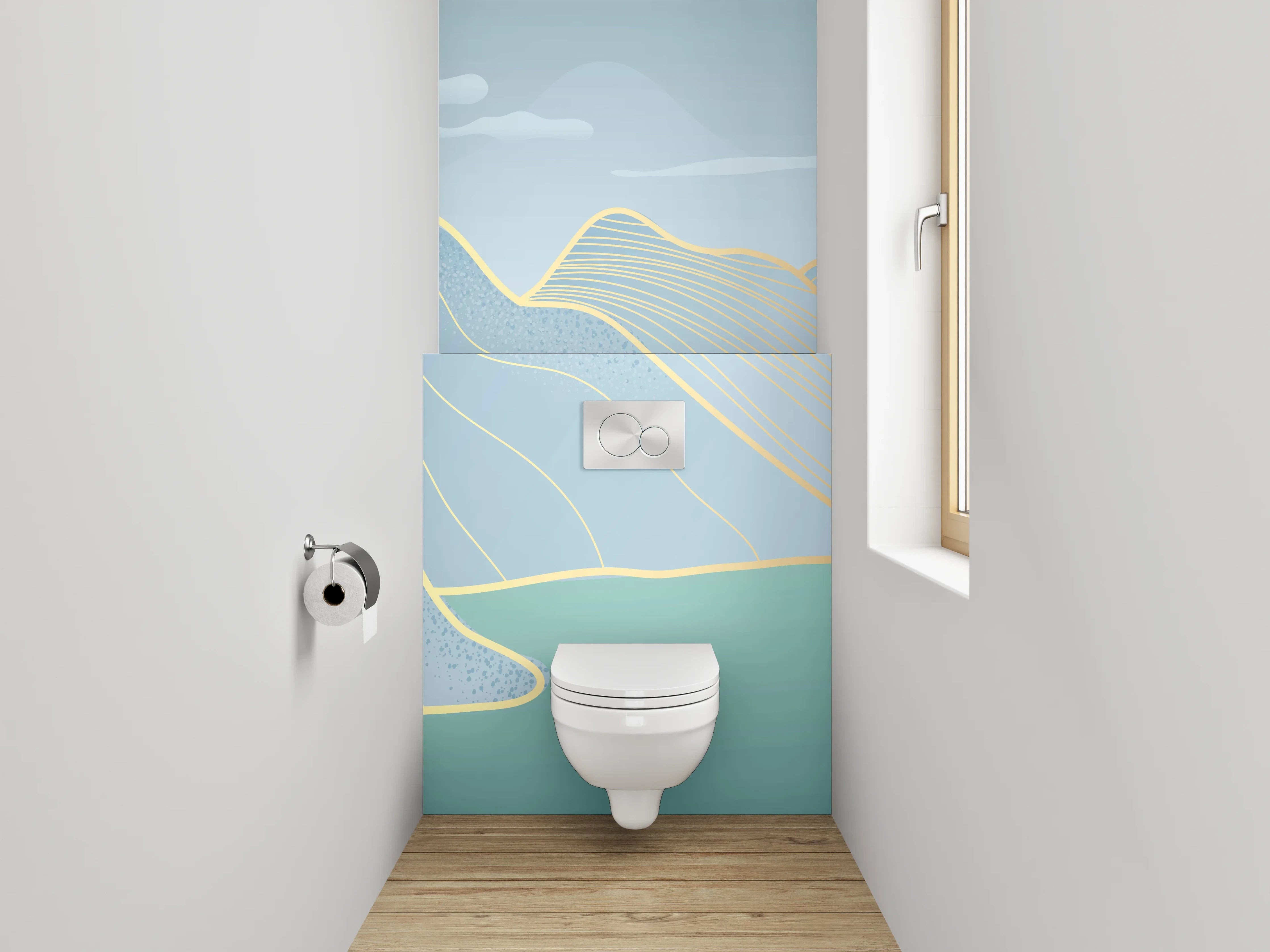 WC-Rückwand - Abstrakte Landschaft in zarten Blautönen