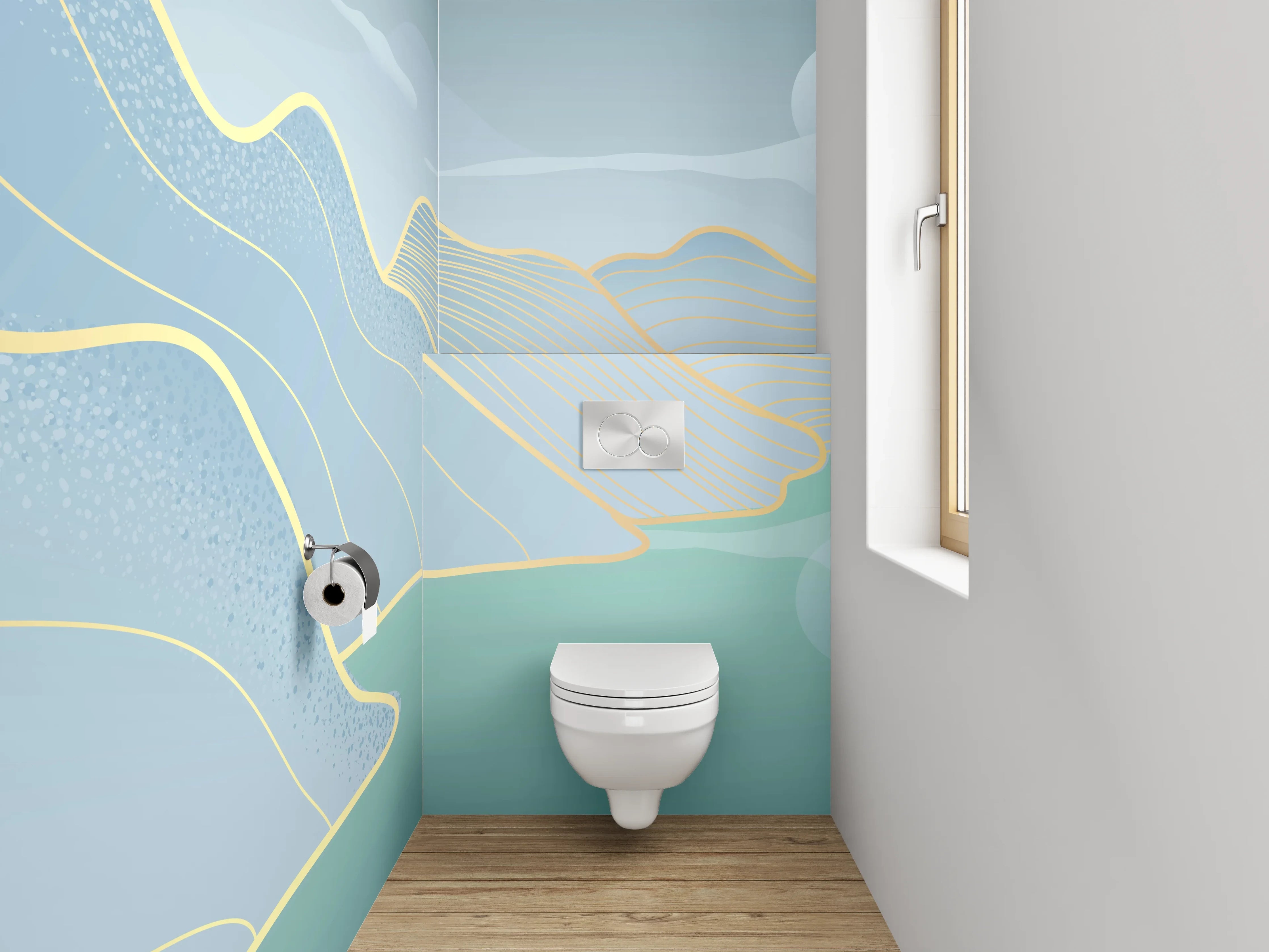 WC-Rückwand - Abstrakte Landschaft in zarten Blautönen