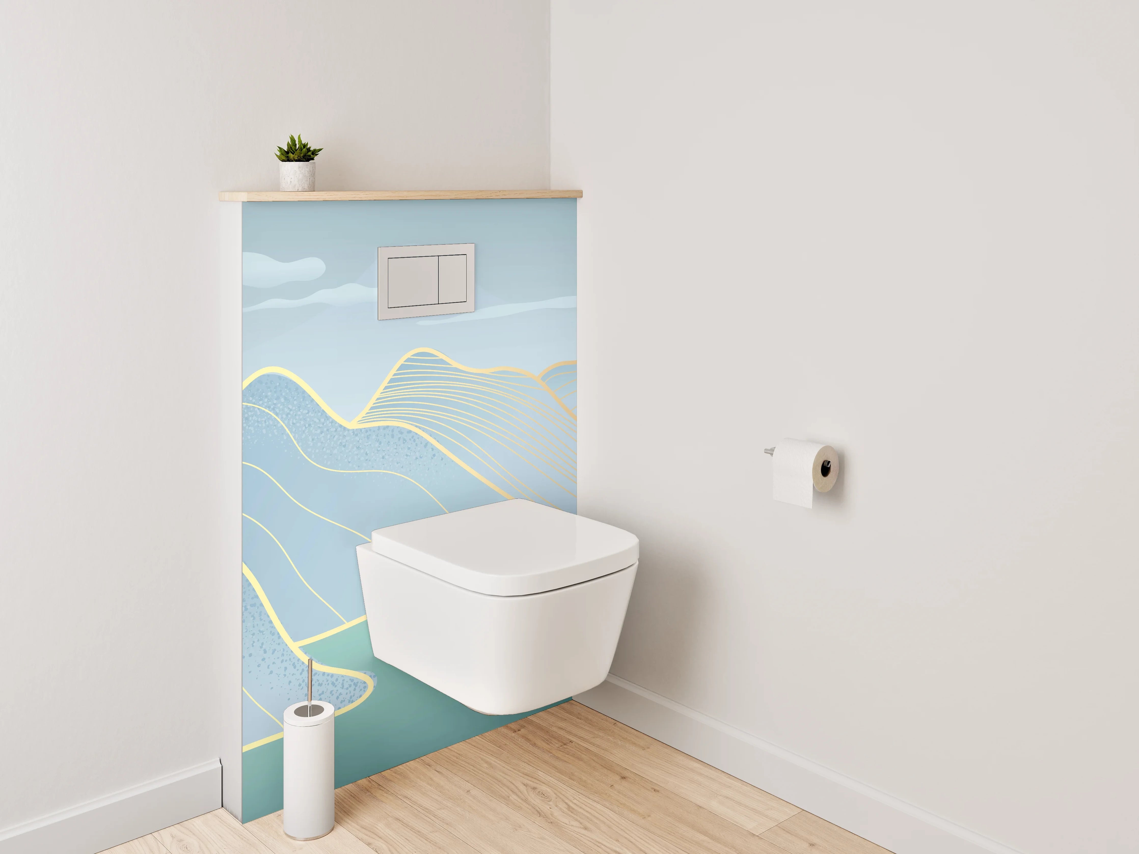 WC-Rückwand - Abstrakte Landschaft in zarten Blautönen