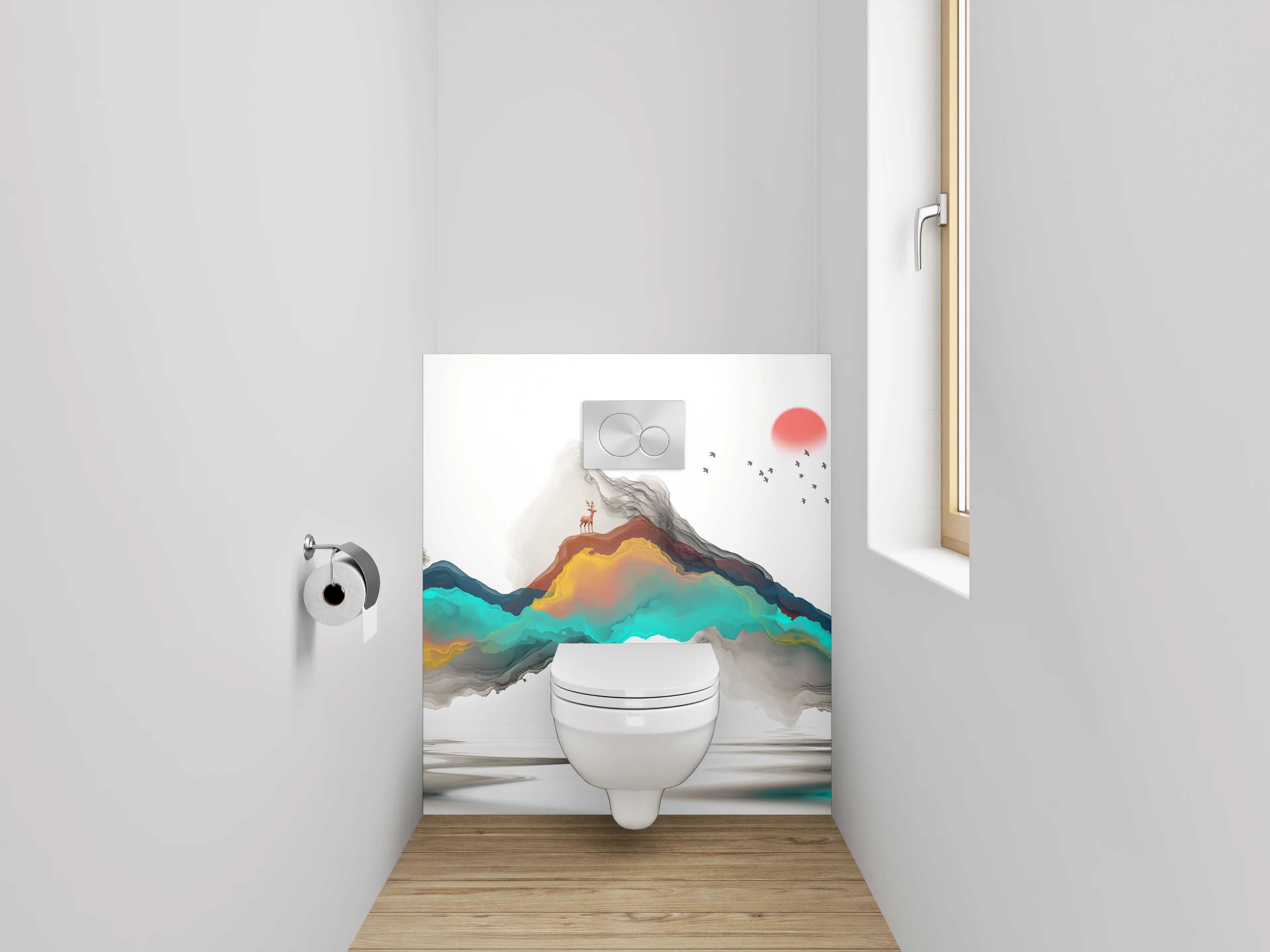 WC-Rückwand - Abstrakte Landschaft mit Bergen und Sonne