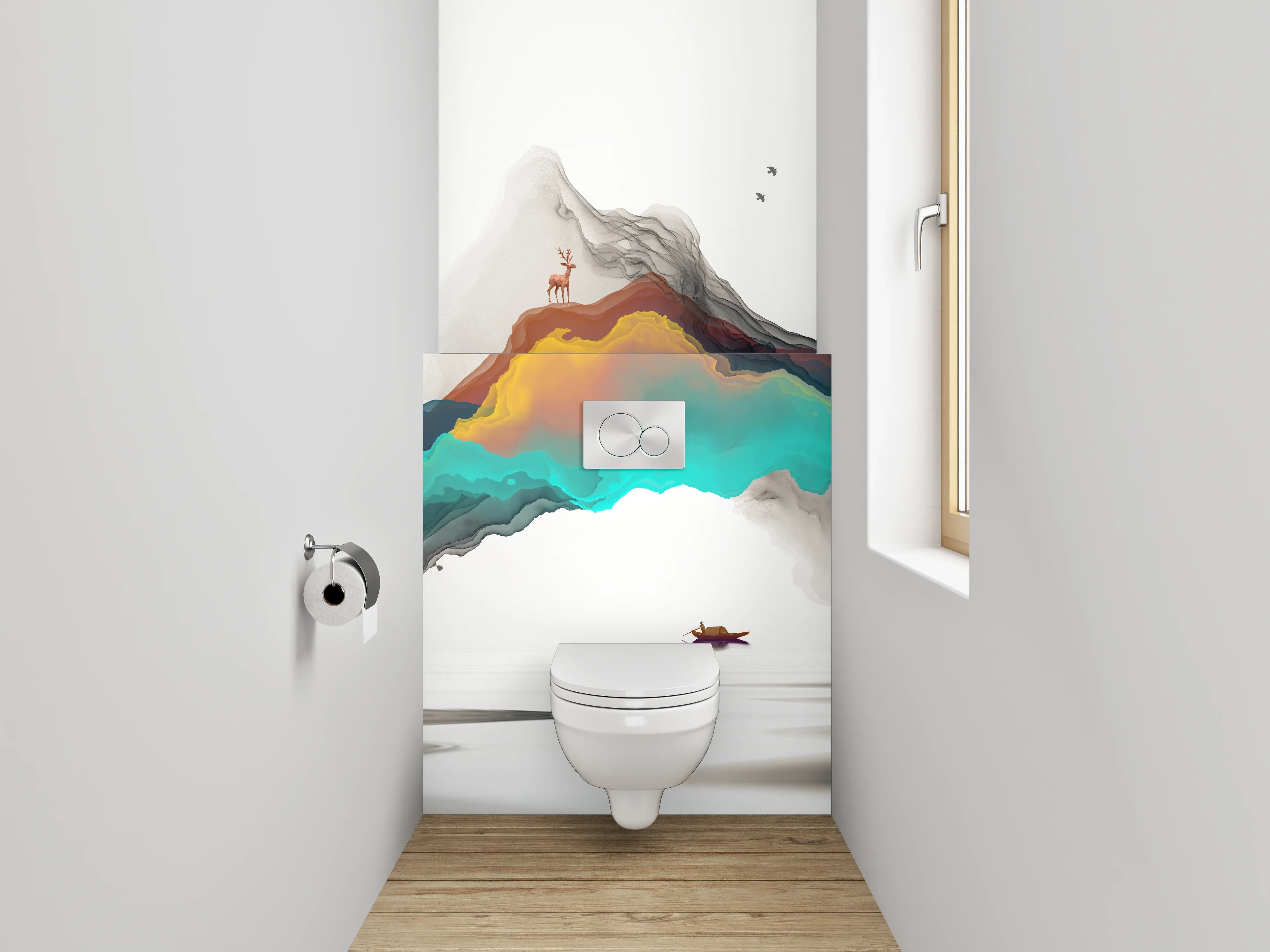 WC-Rückwand - Abstrakte Landschaft mit Bergen und Sonne