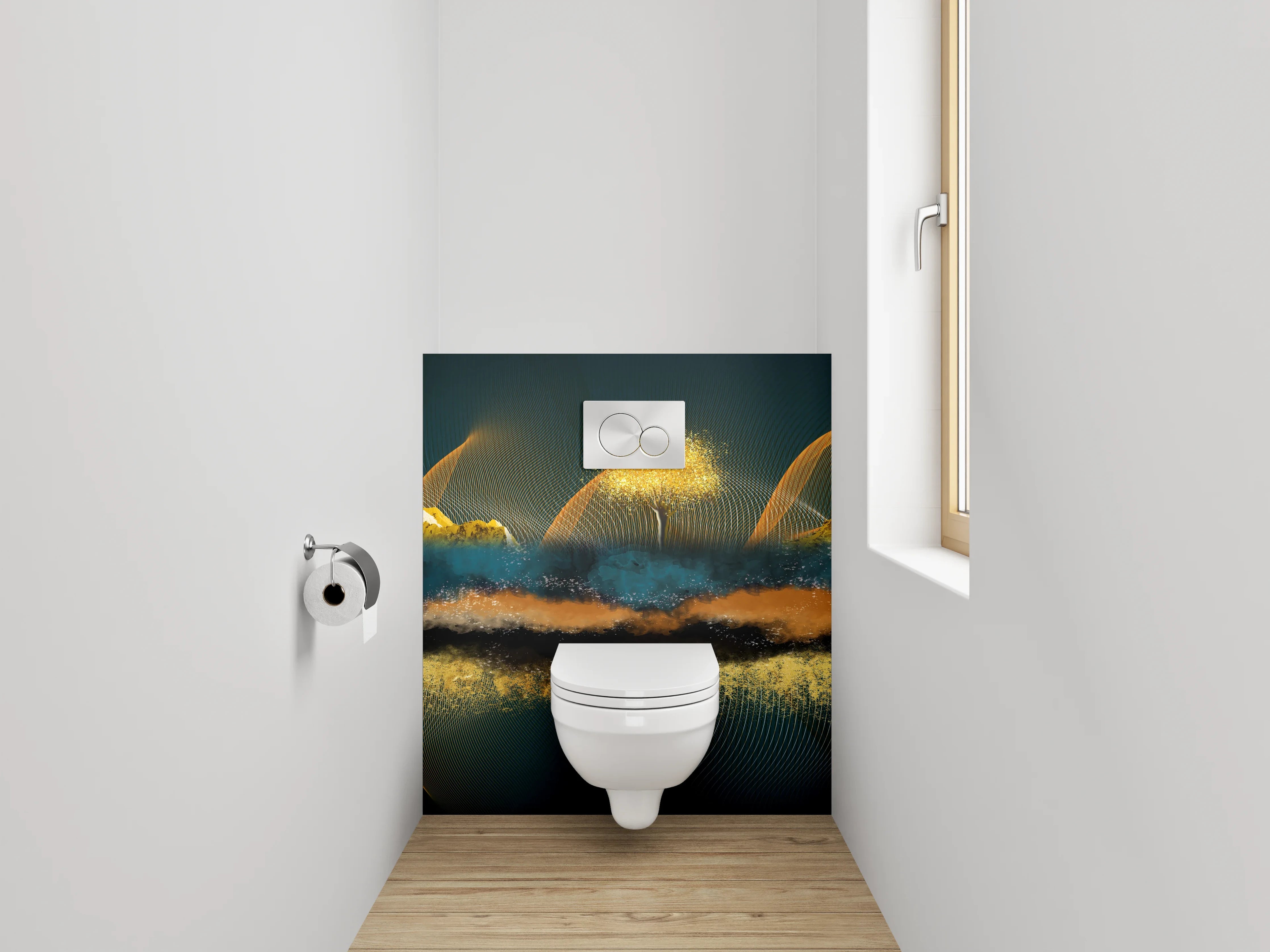 WC-Rückwand - Abstrakte Landschaft mit goldenen Bergen