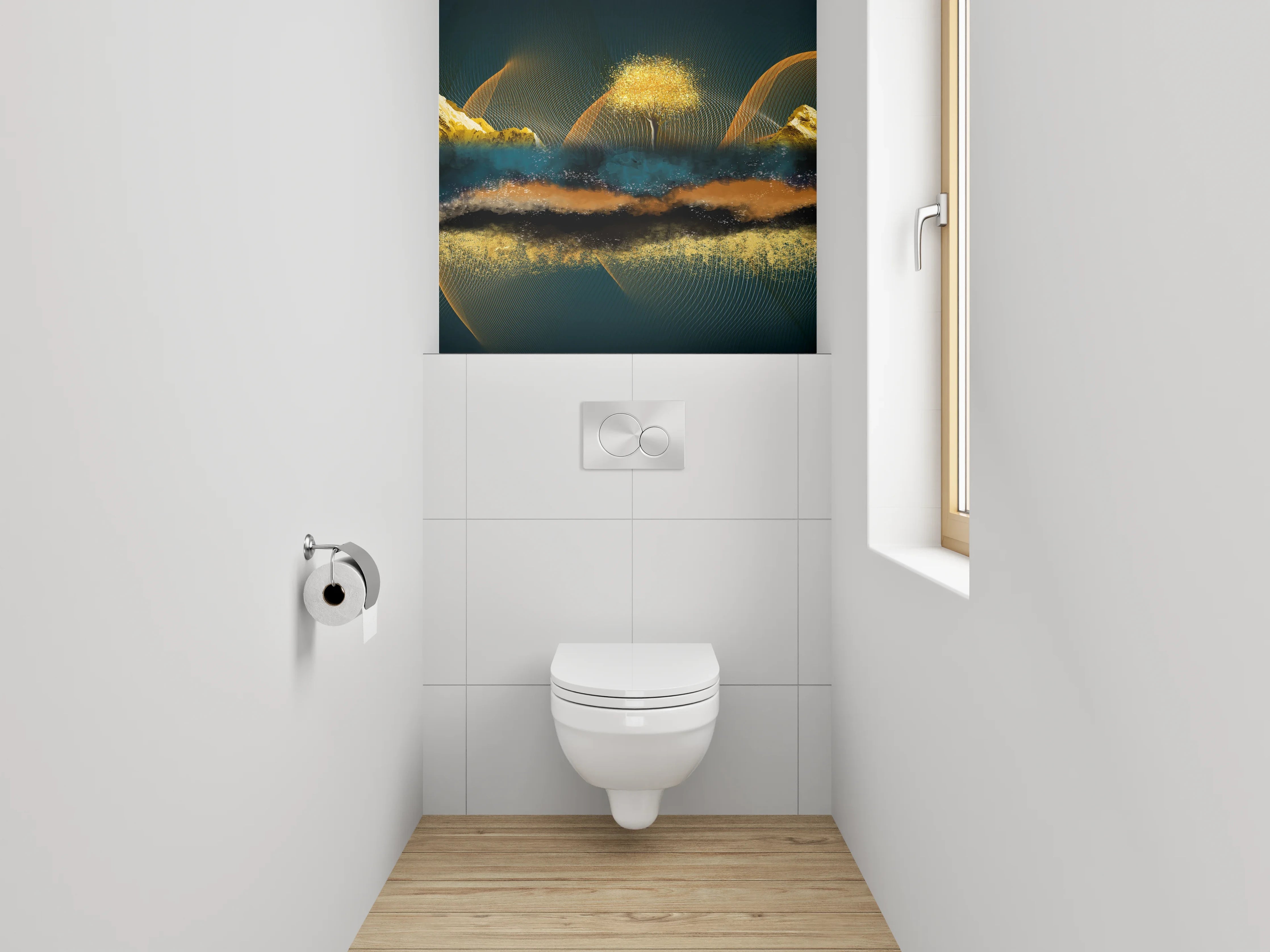 WC-Rückwand - Abstrakte Landschaft mit goldenen Bergen