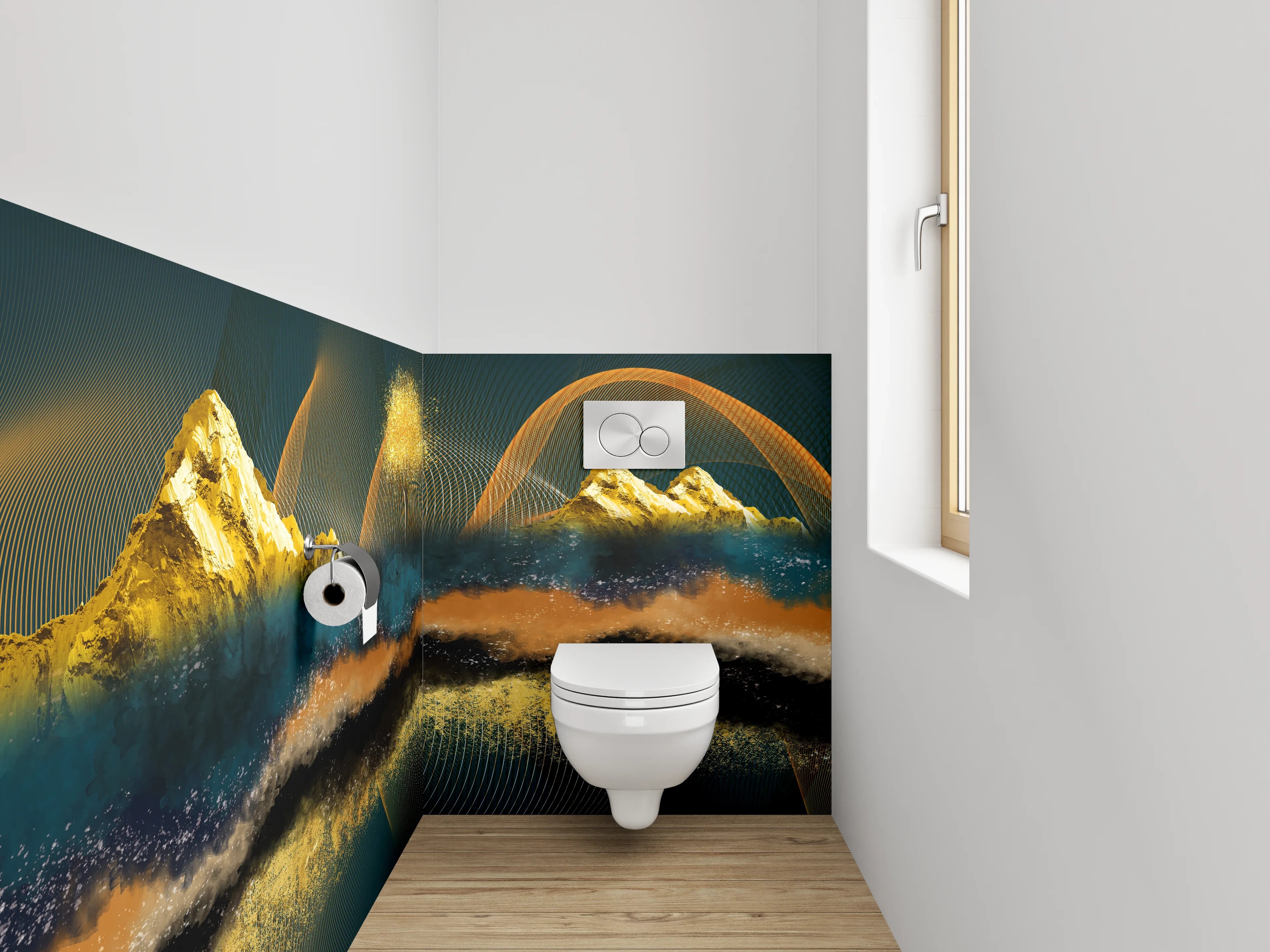 WC-Rückwand - Abstrakte Landschaft mit goldenen Bergen