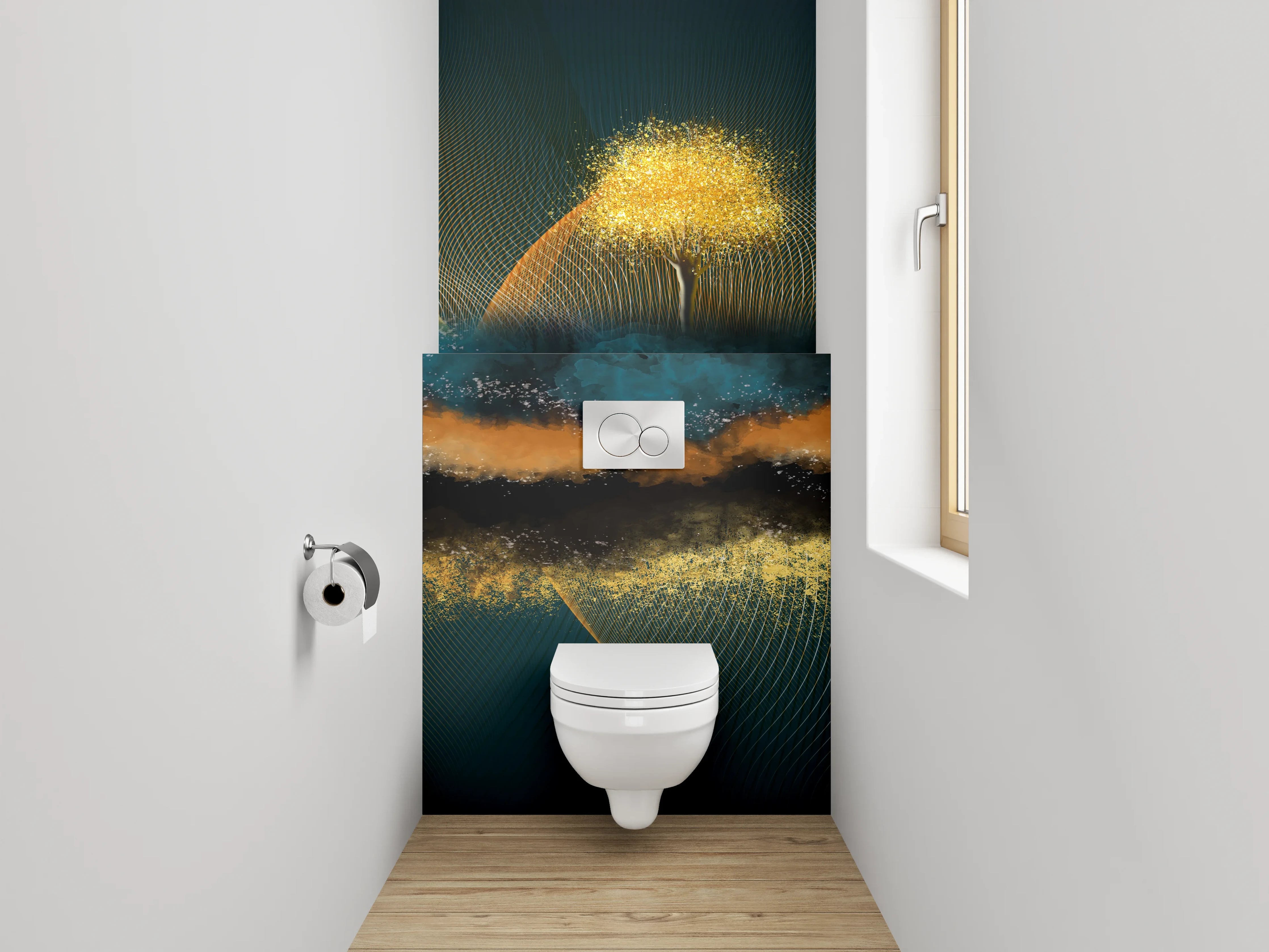 WC-Rückwand - Abstrakte Landschaft mit goldenen Bergen