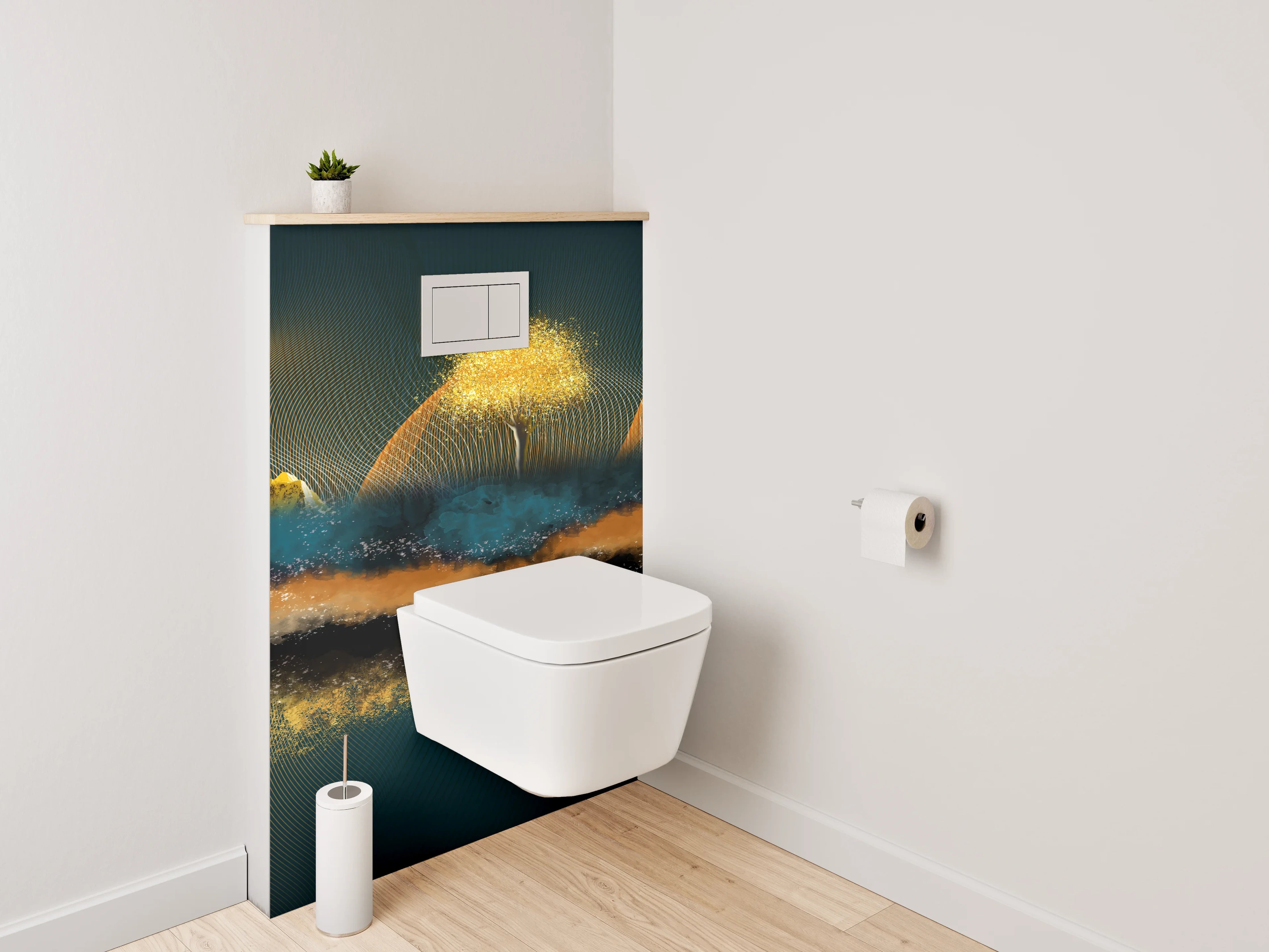 WC-Rückwand - Abstrakte Landschaft mit goldenen Bergen