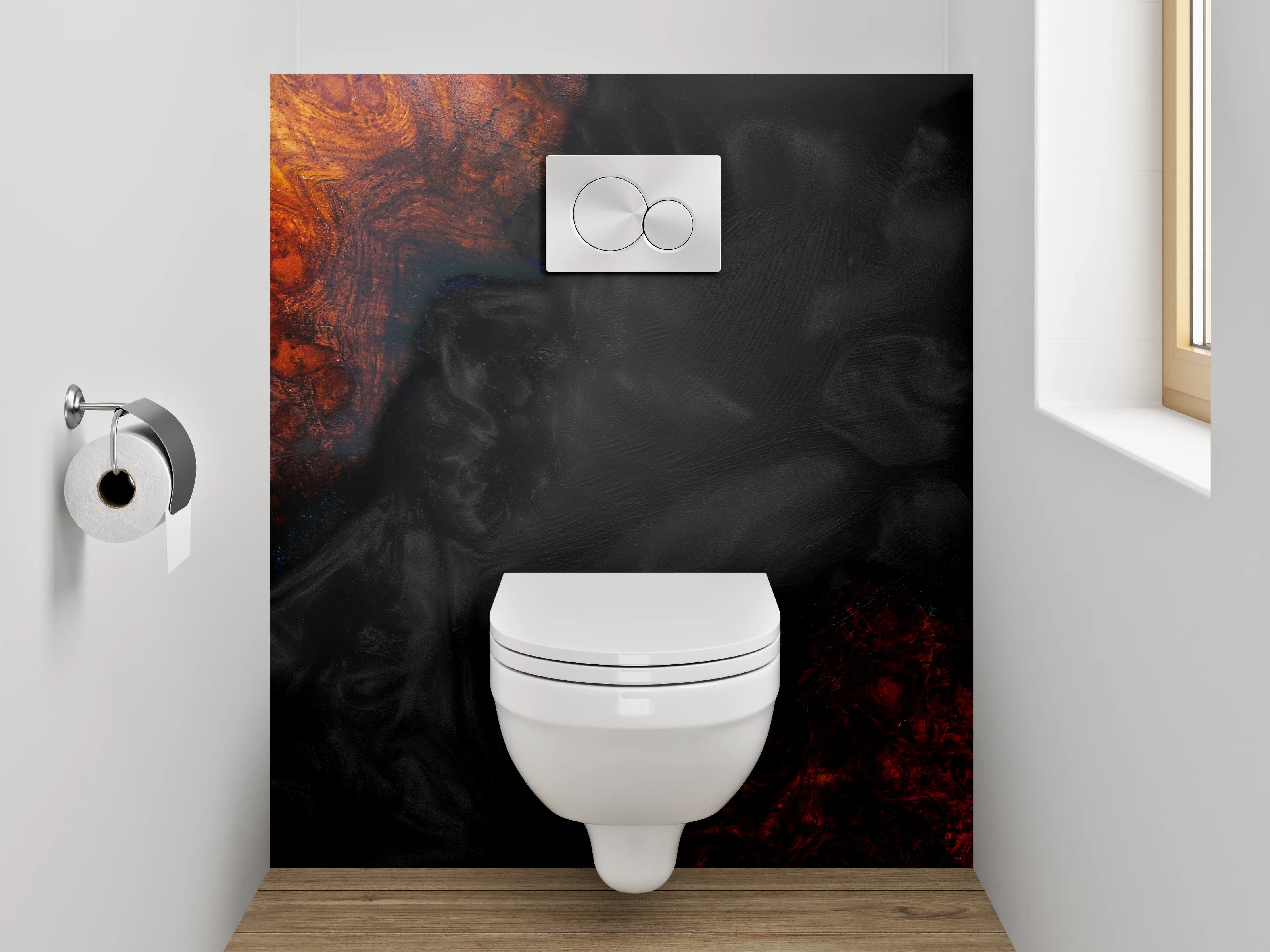 WC-Rückwand - Abstrakte Lava-Textur in Schwarz und Orange