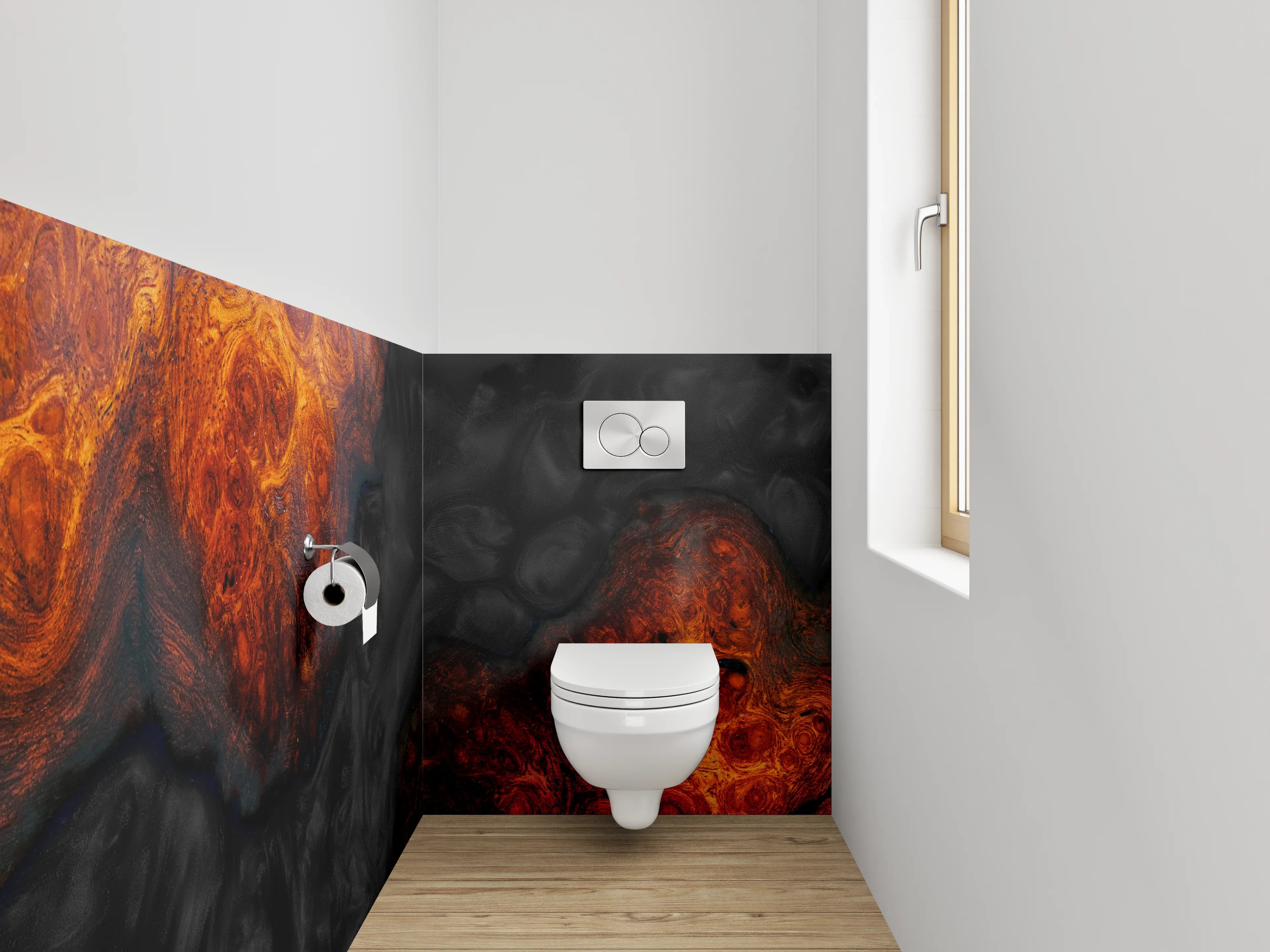 WC-Rückwand - Abstrakte Lava-Textur in Schwarz und Orange