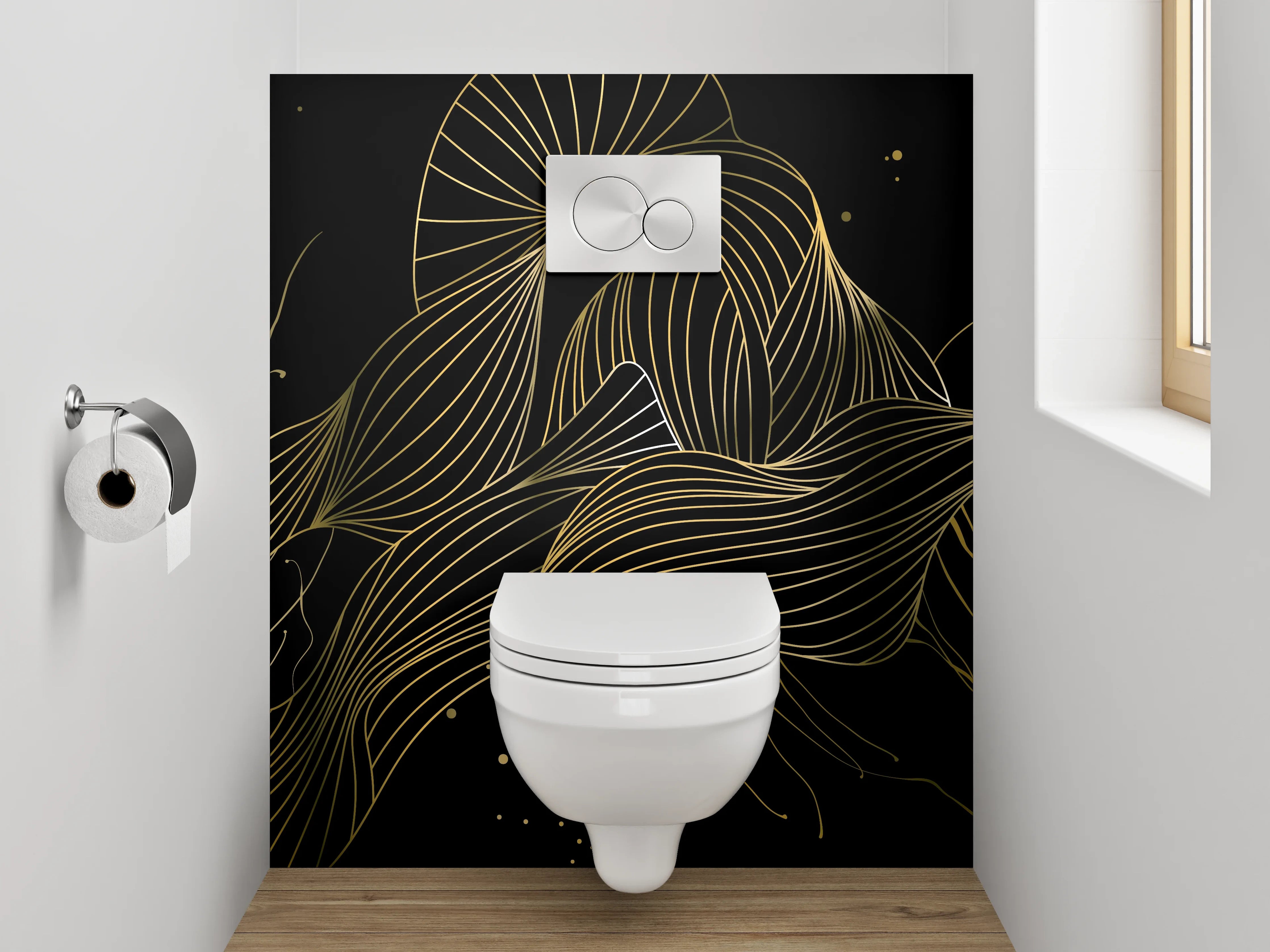 WC-Rückwand - Abstrakte Lineart in Gold und Schwarz