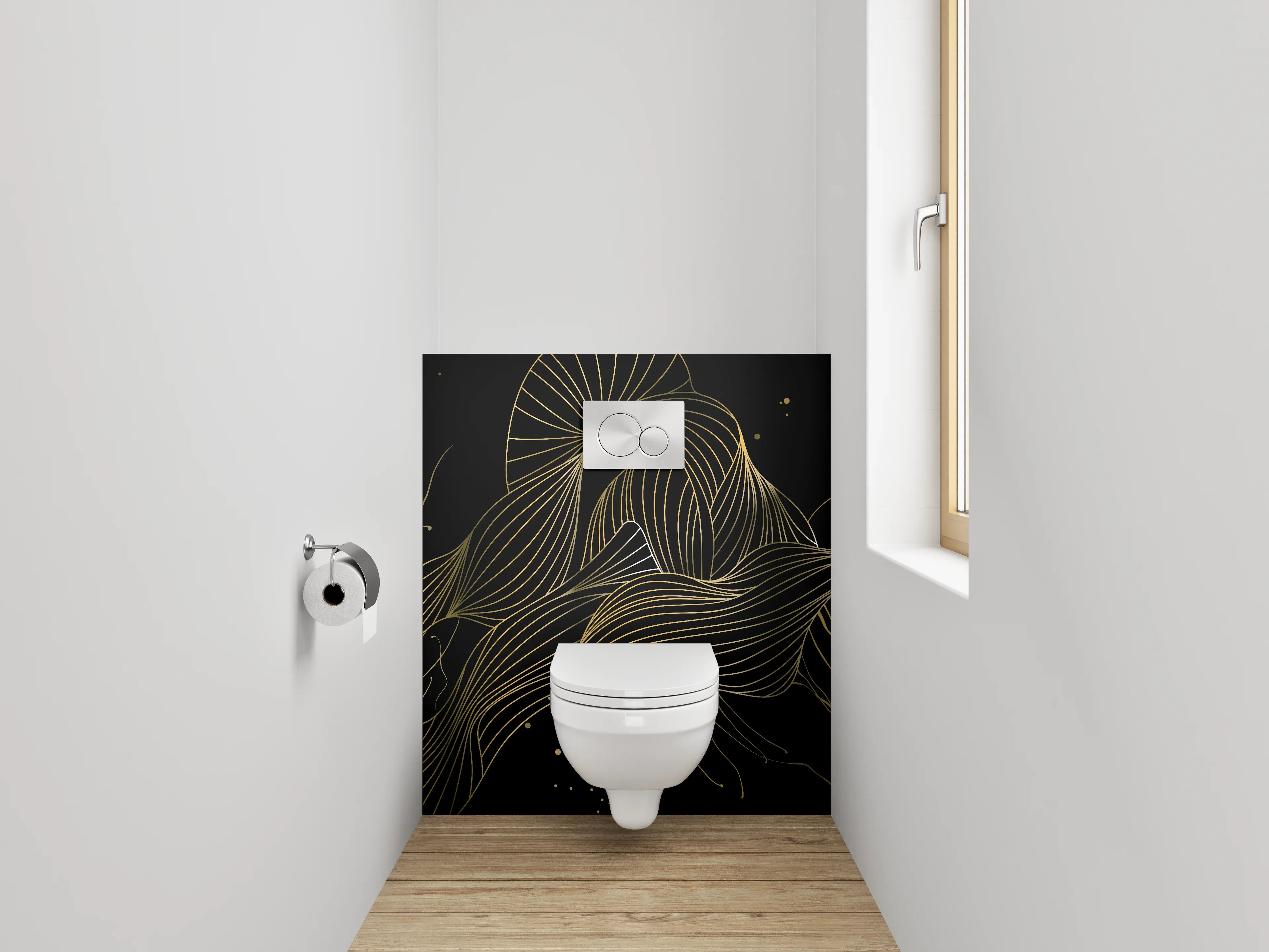 WC-Rückwand - Abstrakte Lineart in Gold und Schwarz