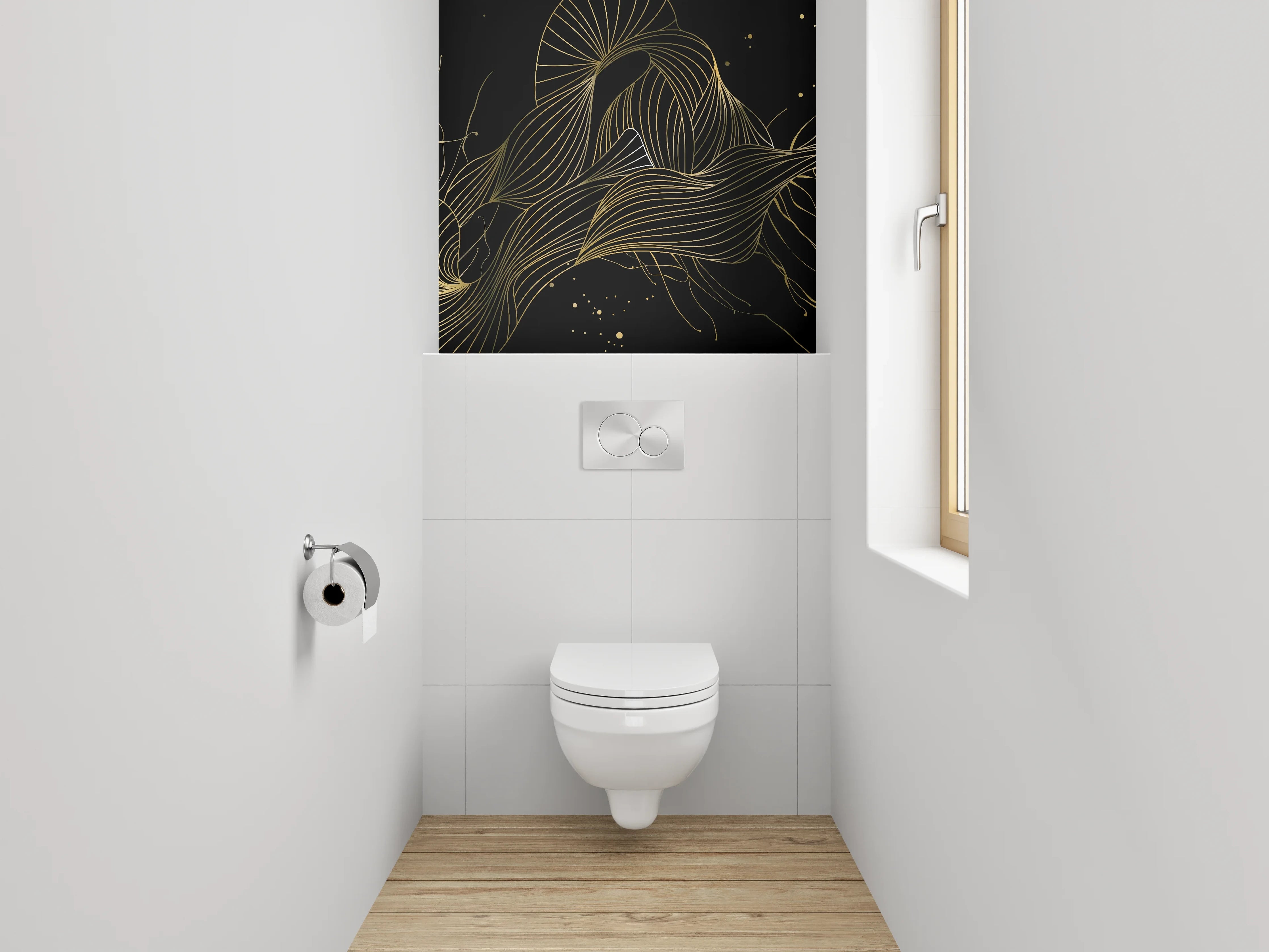WC-Rückwand - Abstrakte Lineart in Gold und Schwarz
