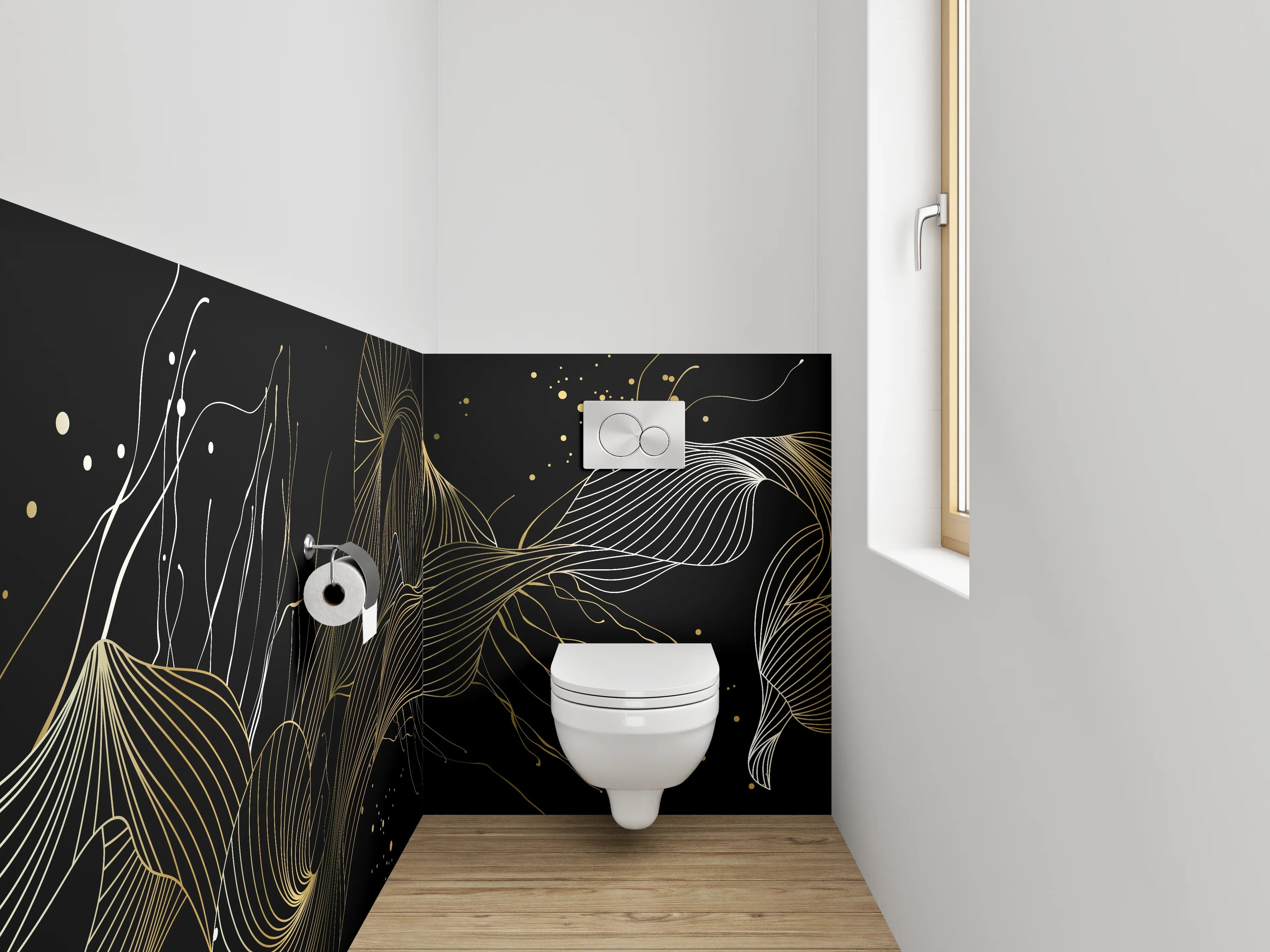 WC-Rückwand - Abstrakte Lineart in Gold und Schwarz