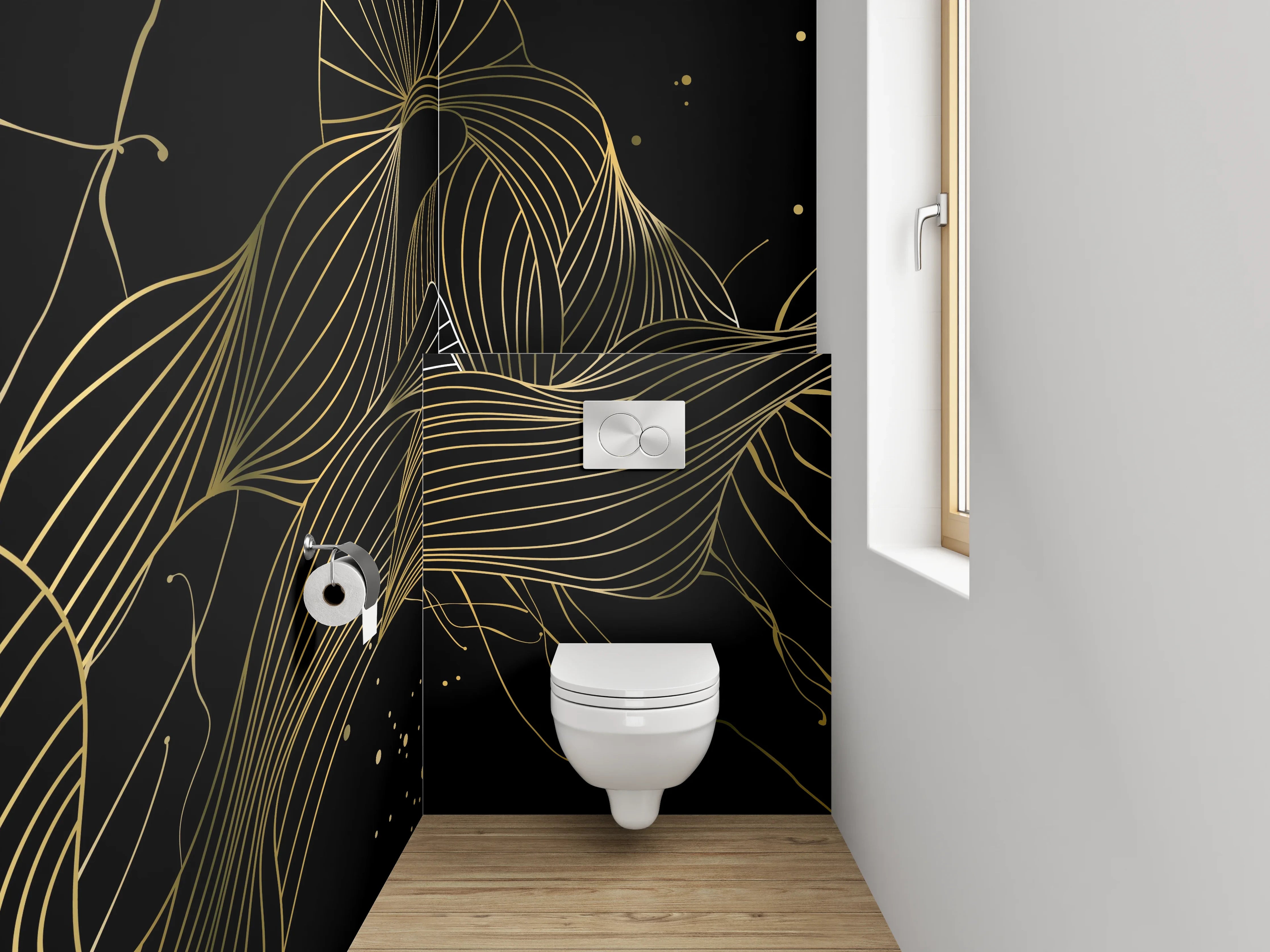 WC-Rückwand - Abstrakte Lineart in Gold und Schwarz