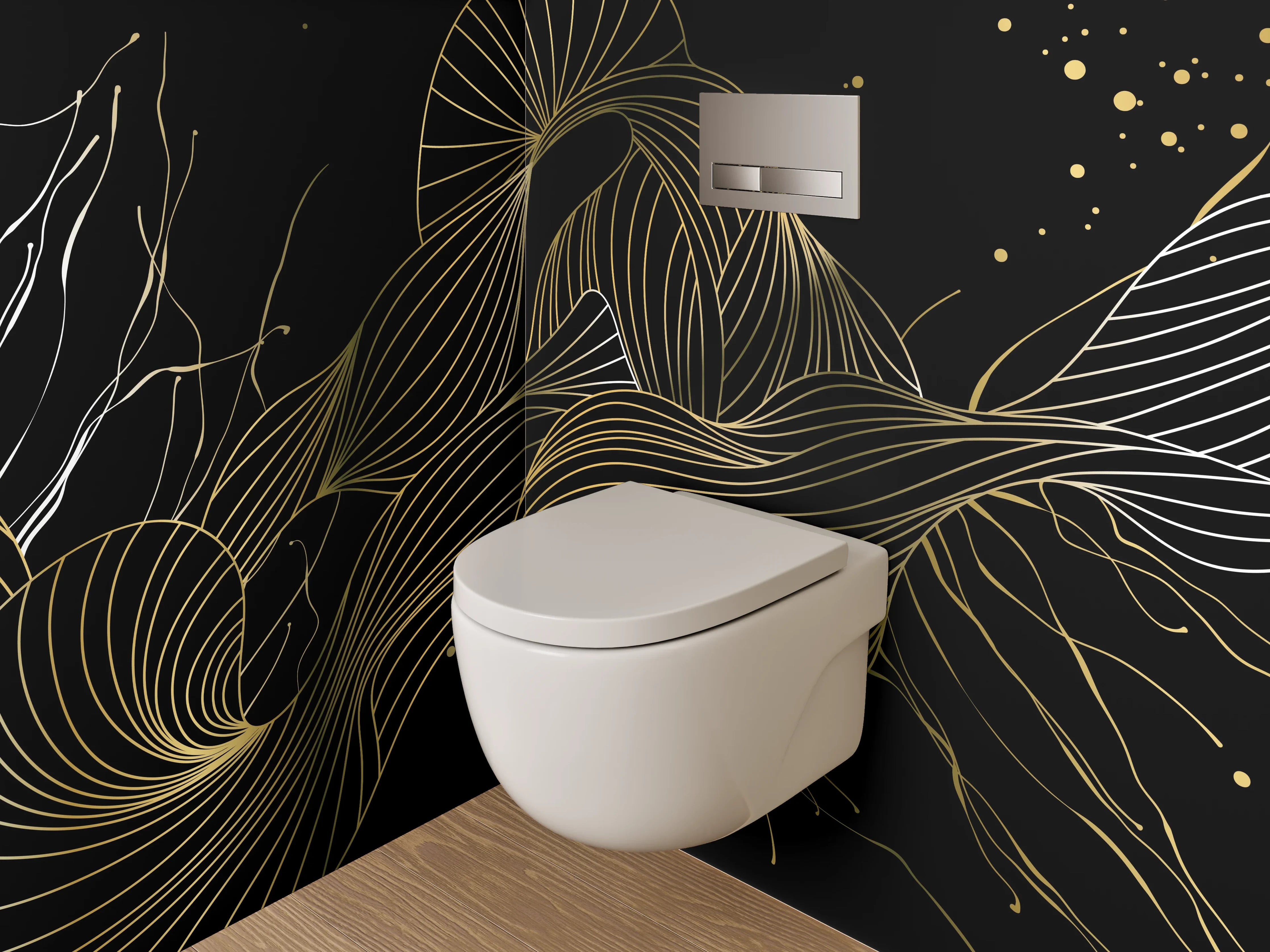WC-Rückwand - Abstrakte Lineart in Gold und Schwarz