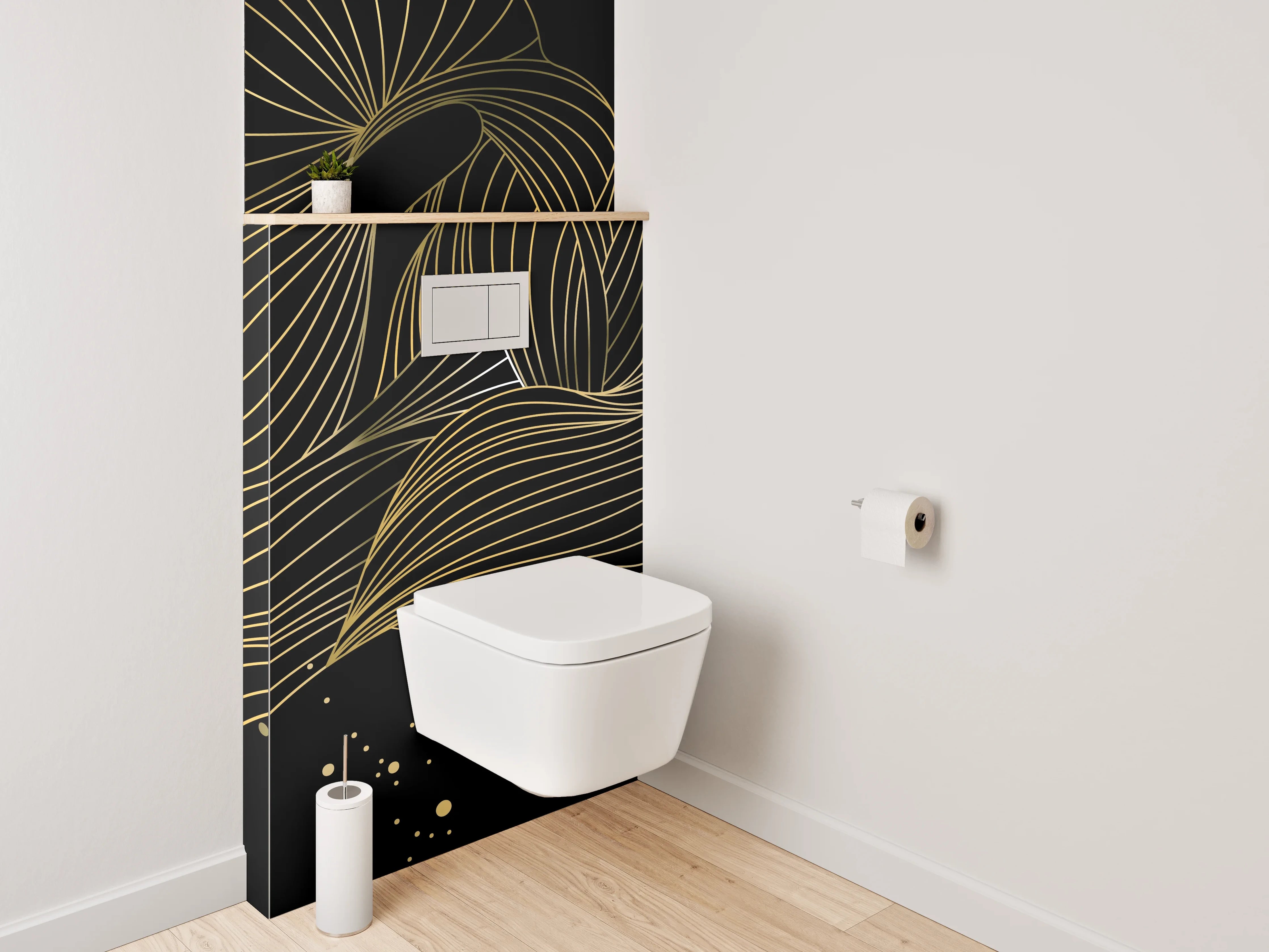 WC-Rückwand - Abstrakte Lineart in Gold und Schwarz