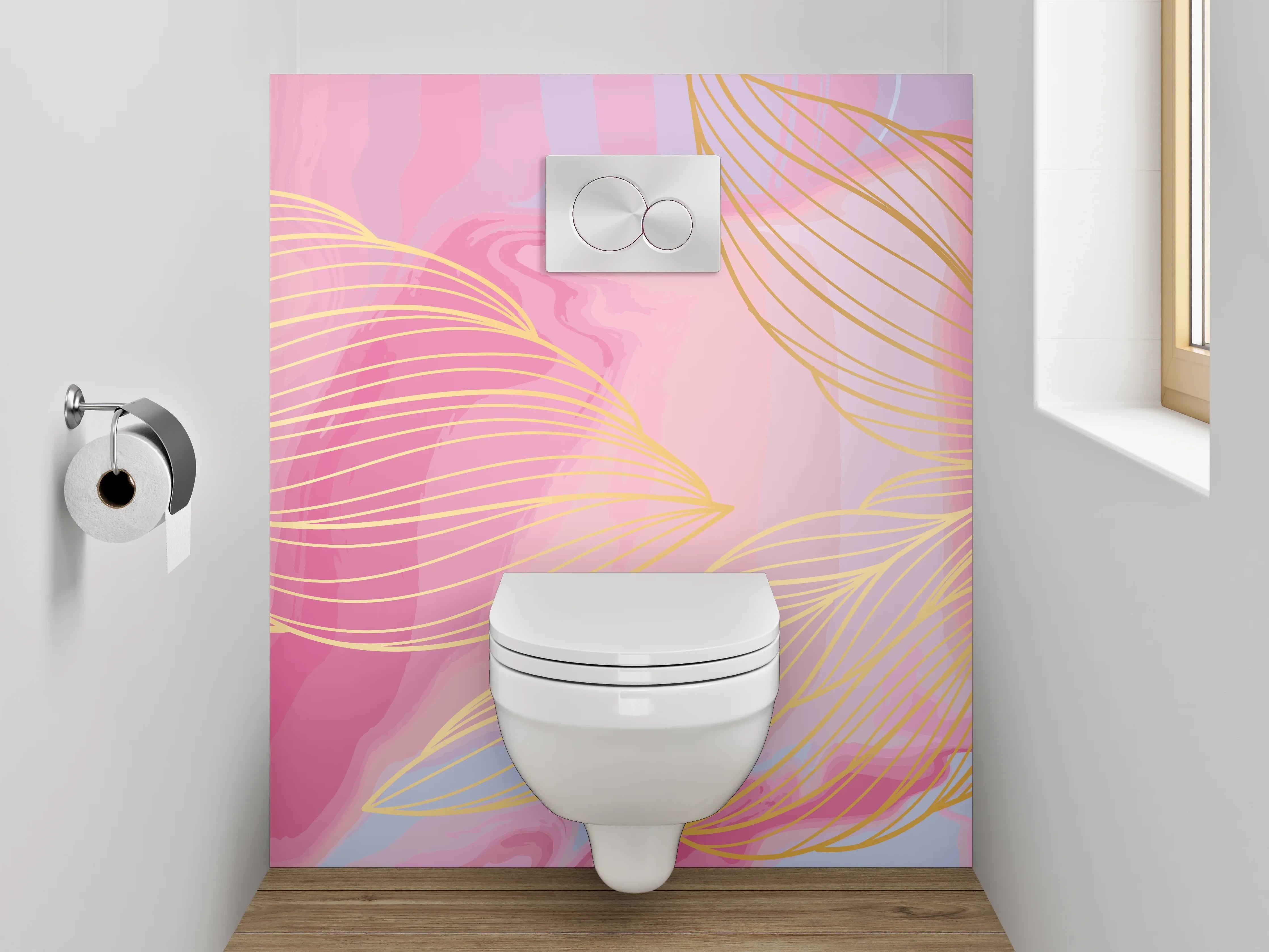 WC-Rückwand - Abstrakte Lineart mit Gold in Rosa