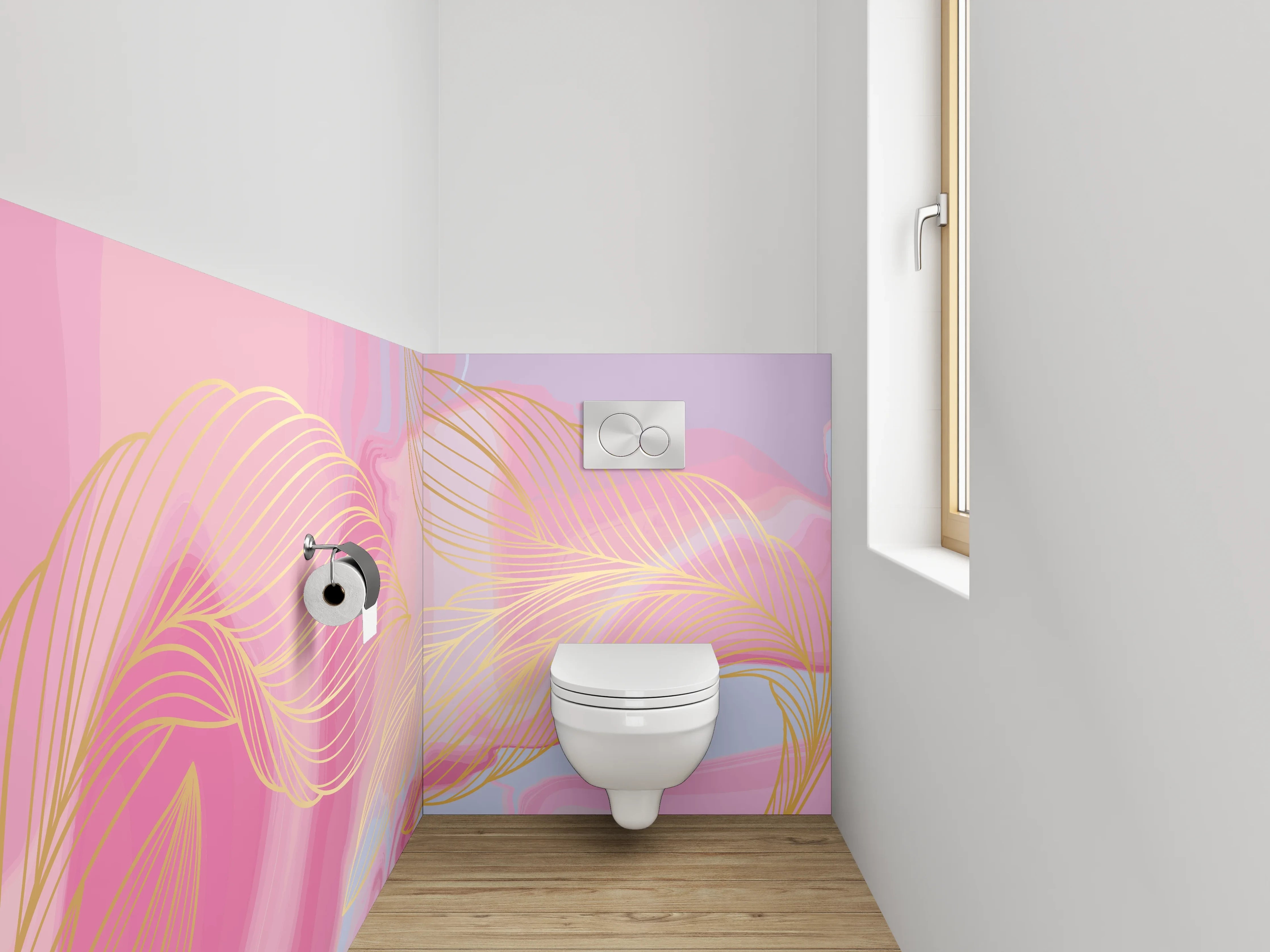 WC-Rückwand - Abstrakte Lineart mit Gold in Rosa
