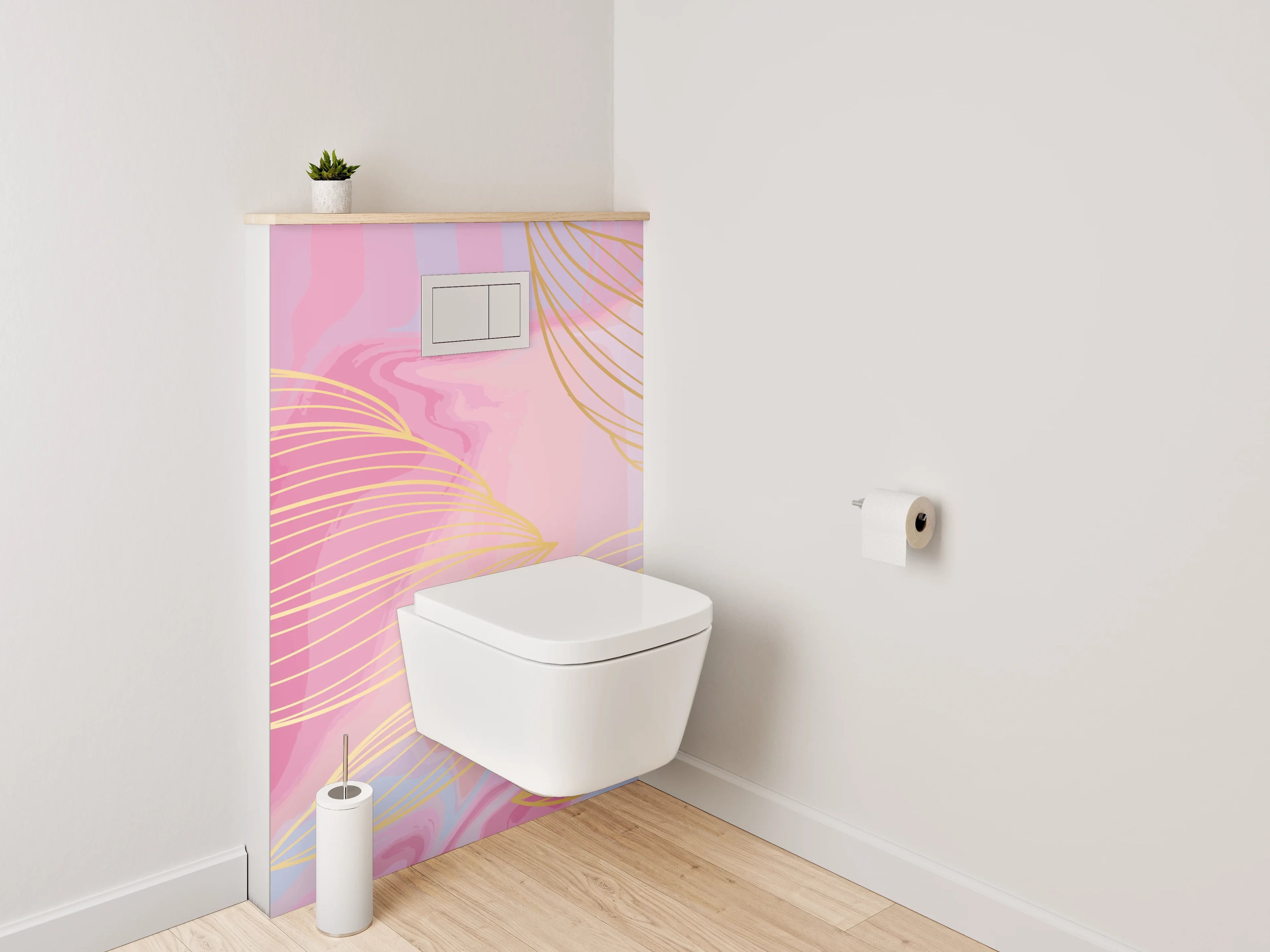 WC-Rückwand - Abstrakte Lineart mit Gold in Rosa