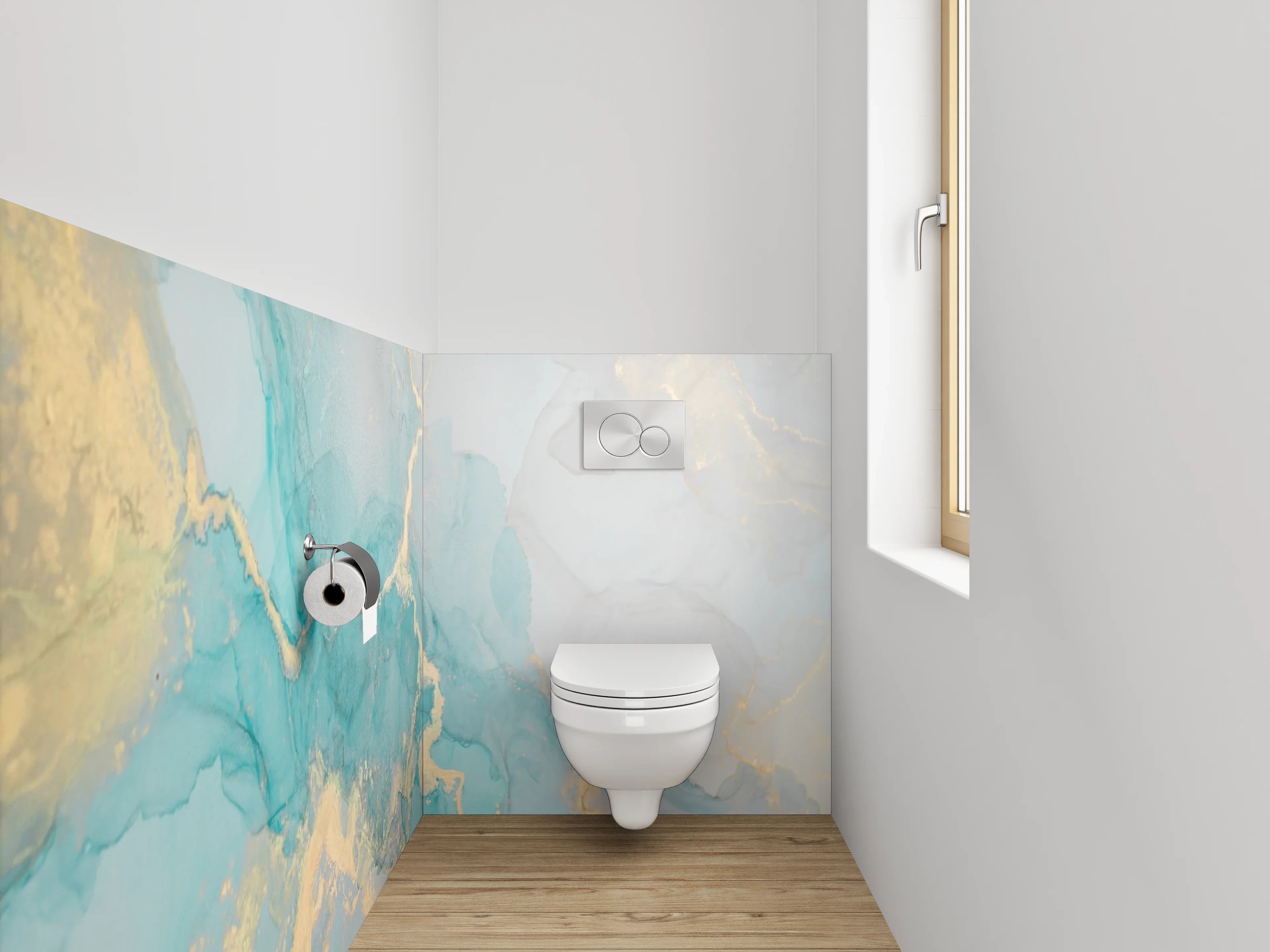 WC-Rückwand - Abstrakte Marmor Aquarell Optik Türkis Gold