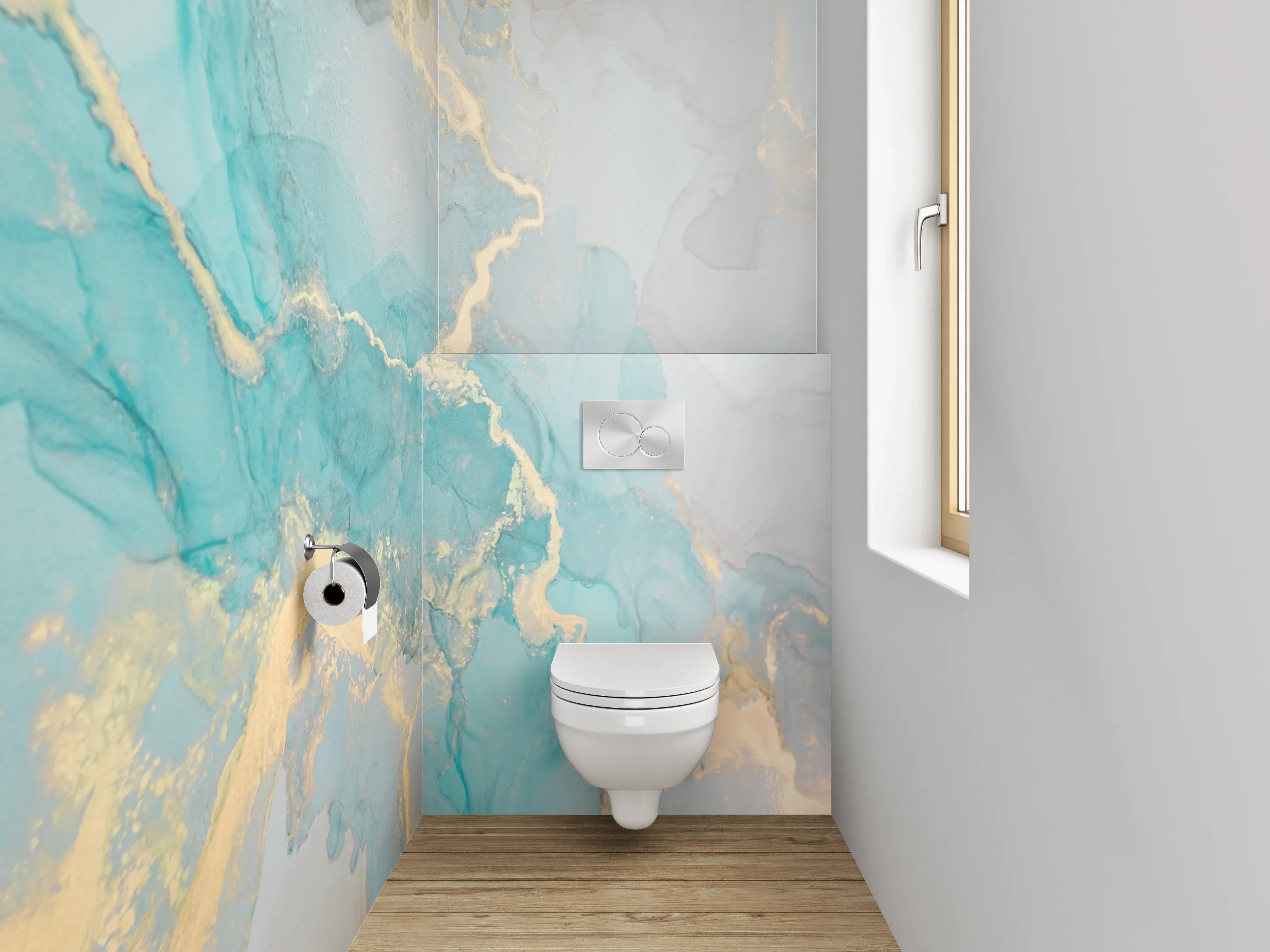 WC-Rückwand - Abstrakte Marmor Aquarell Optik Türkis Gold