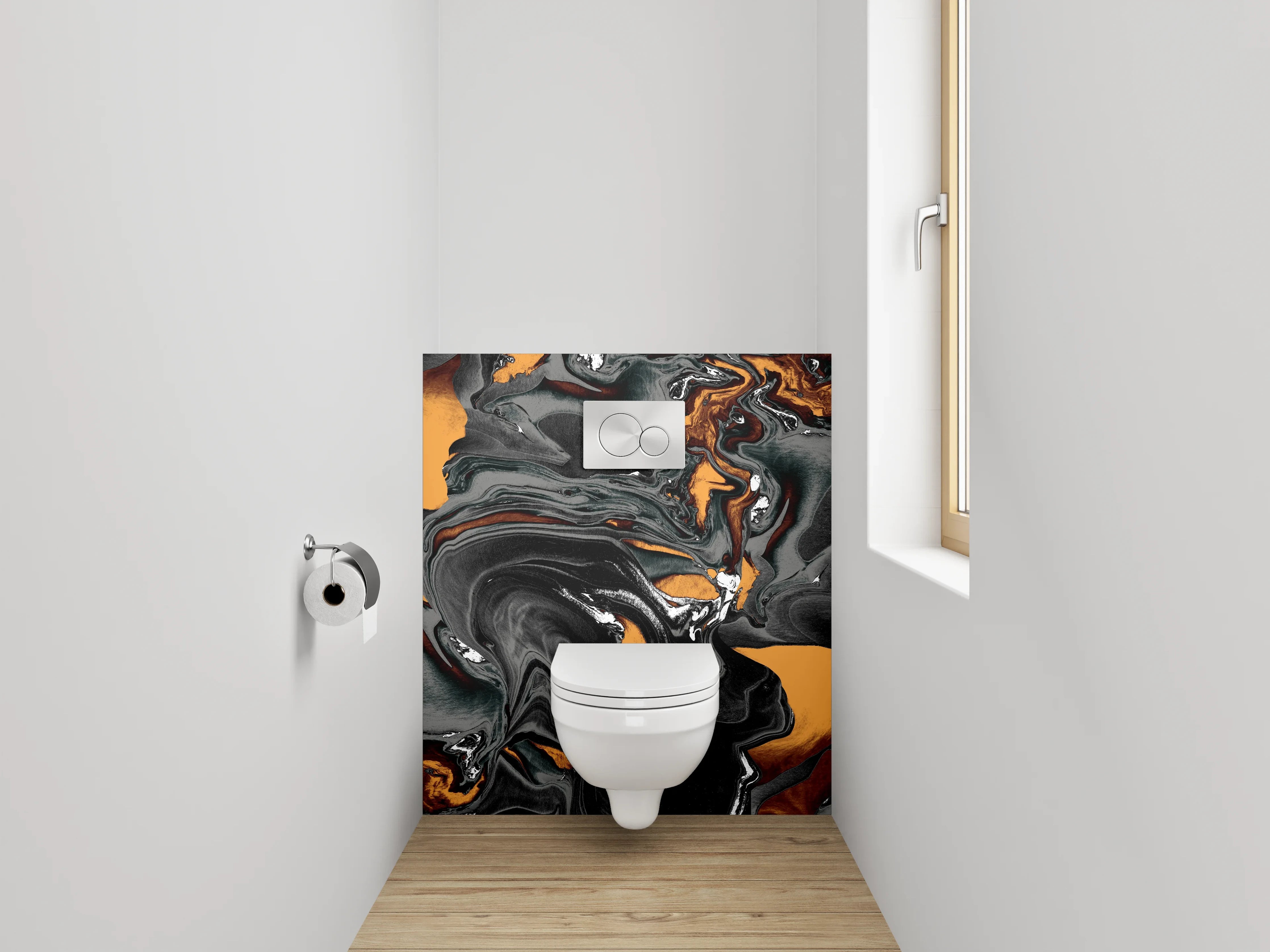 WC-Rückwand - Abstrakte Marmor-Optik Schwarz Orange