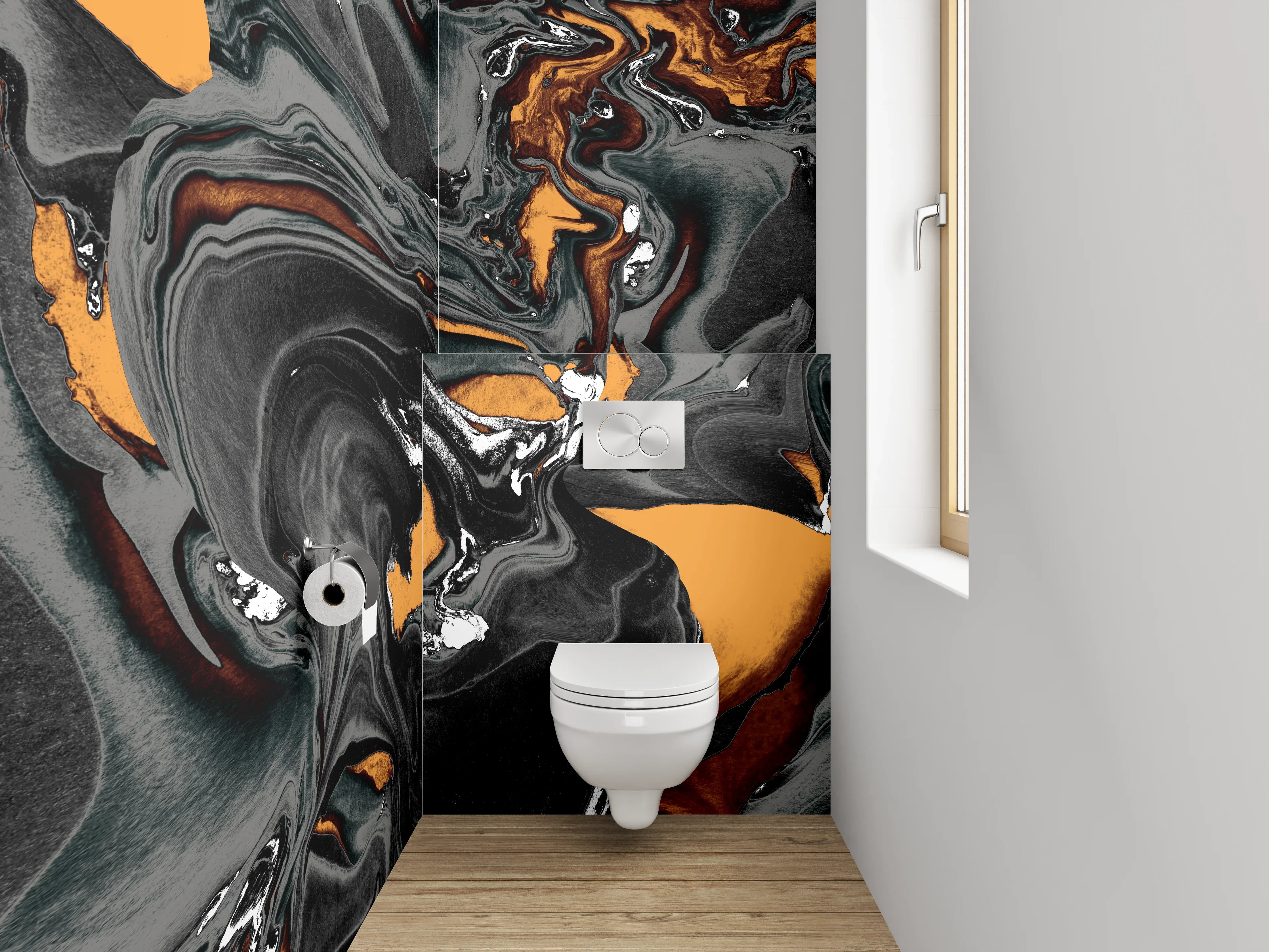 WC-Rückwand - Abstrakte Marmor-Optik Schwarz Orange