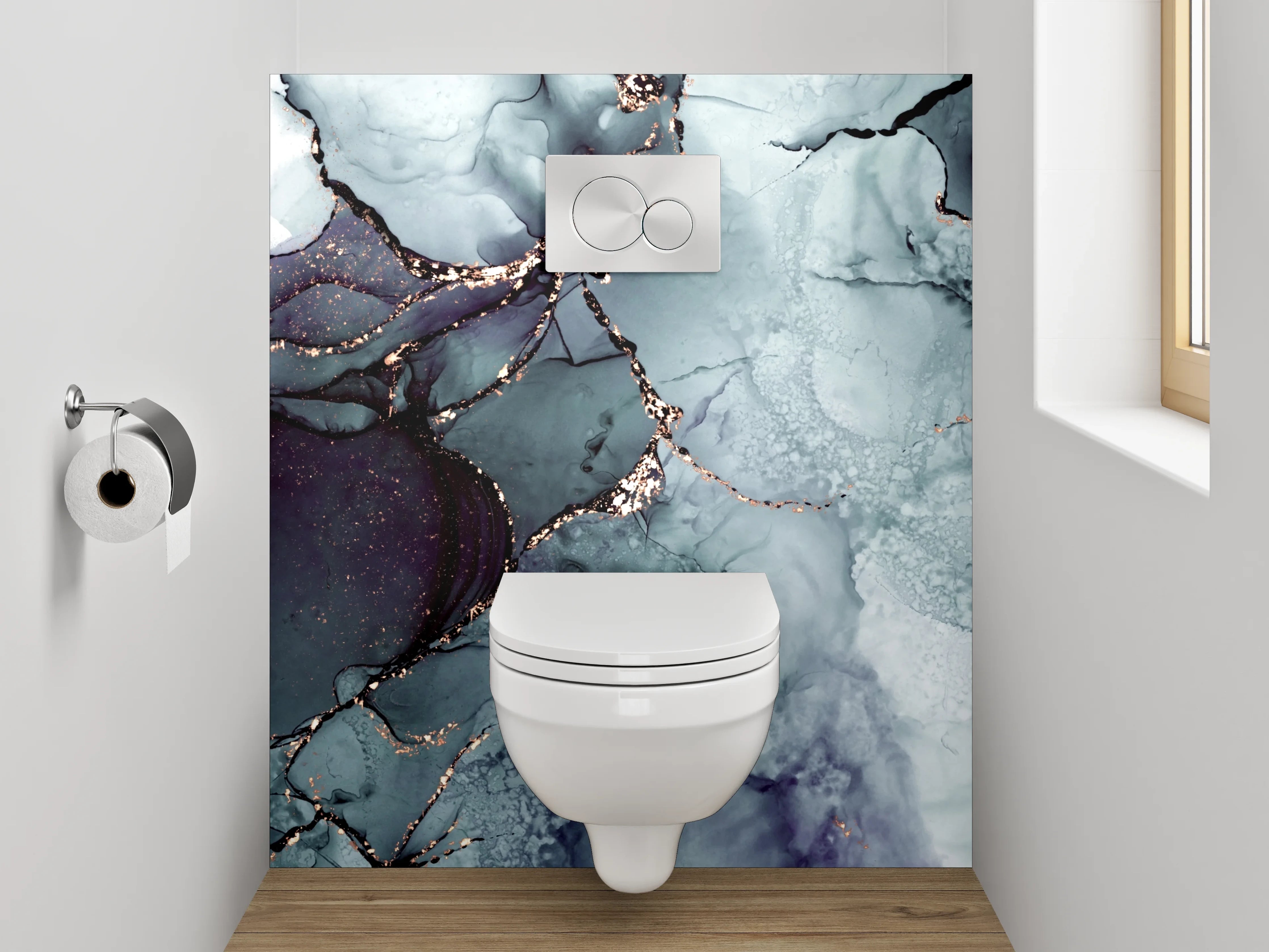 WC-Rückwand - Abstrakte Marmor-Optik in Blau-Grau