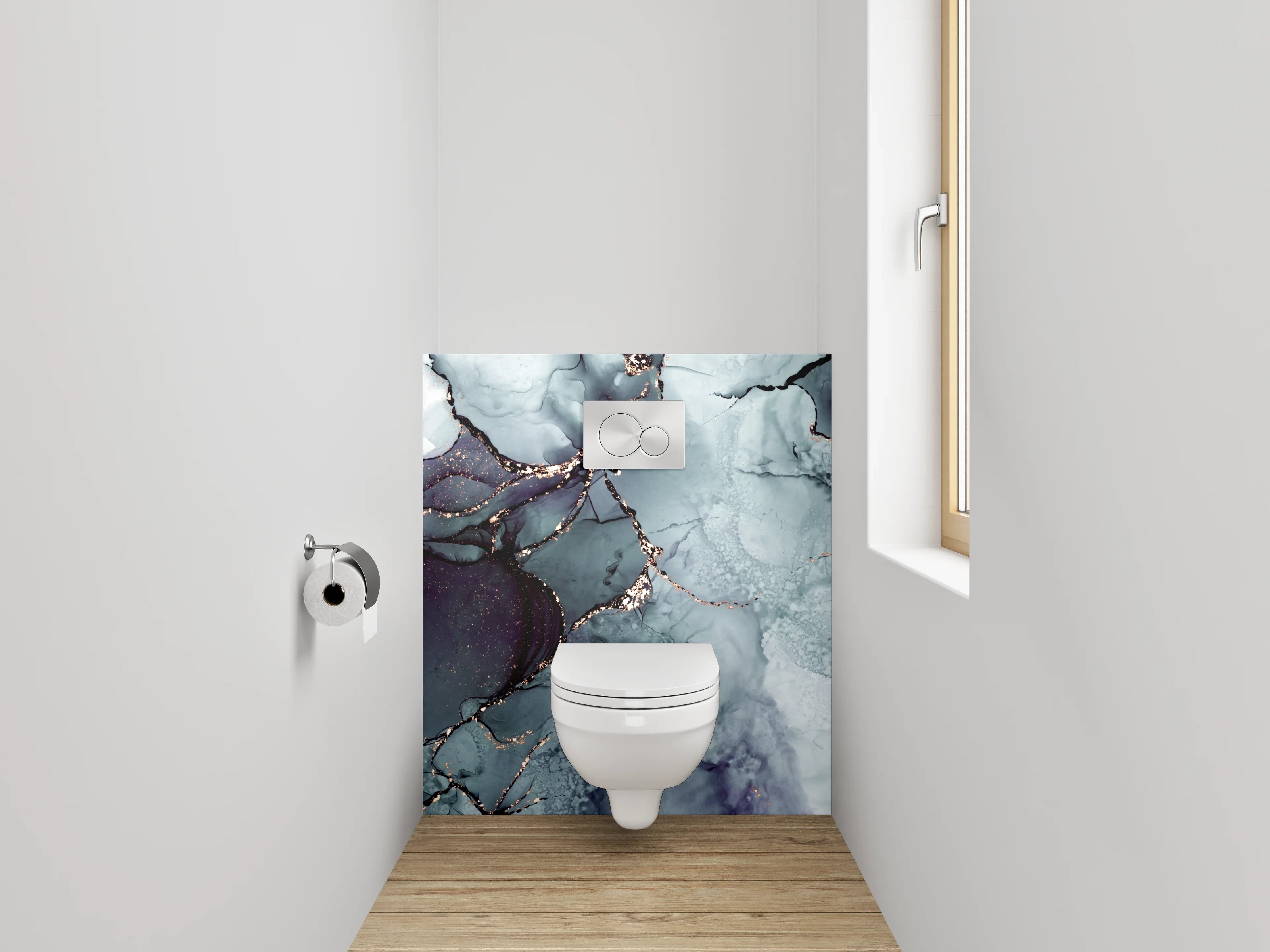 WC-Rückwand - Abstrakte Marmor-Optik in Blau-Grau