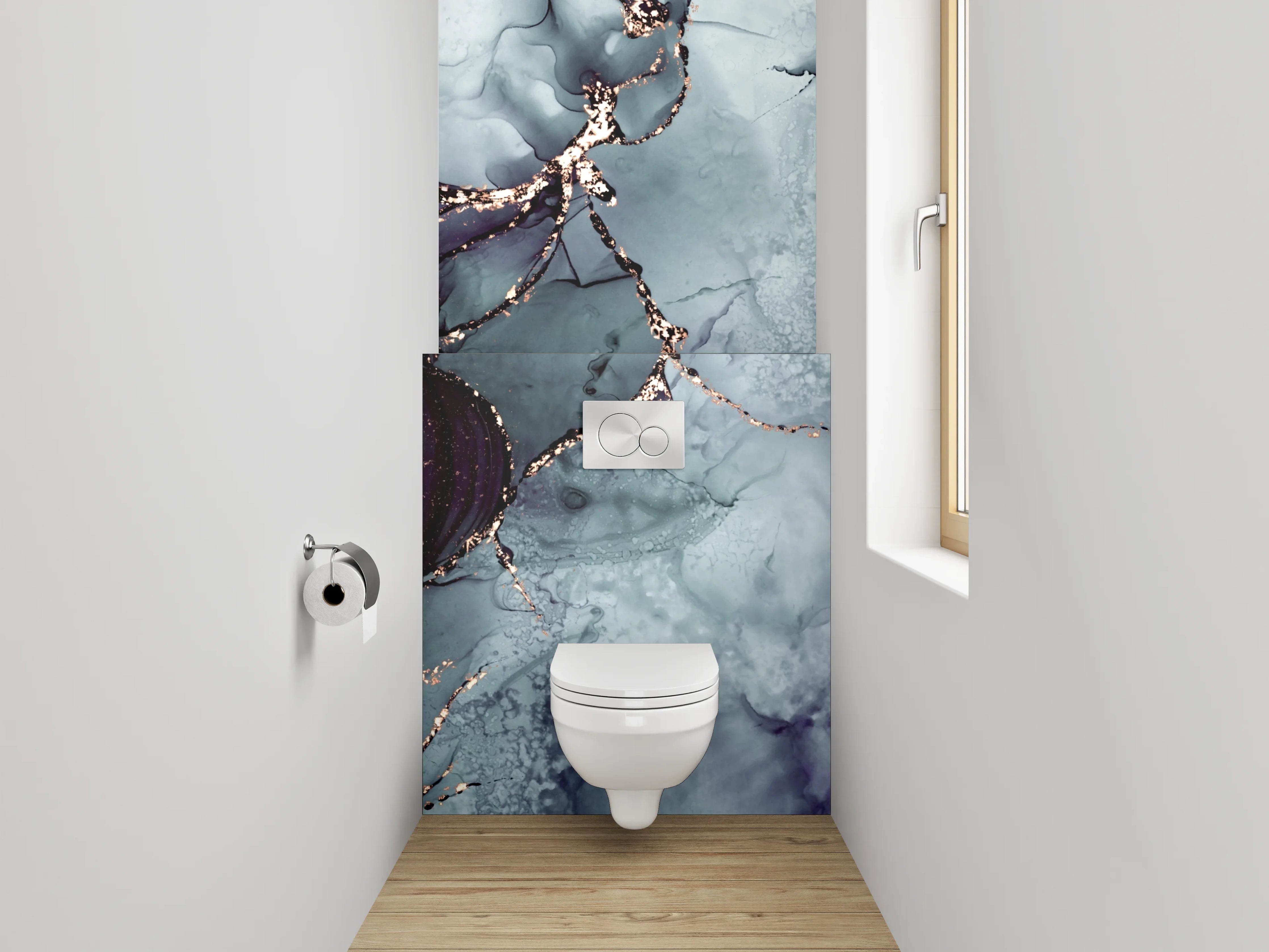 WC-Rückwand - Abstrakte Marmor-Optik in Blau-Grau