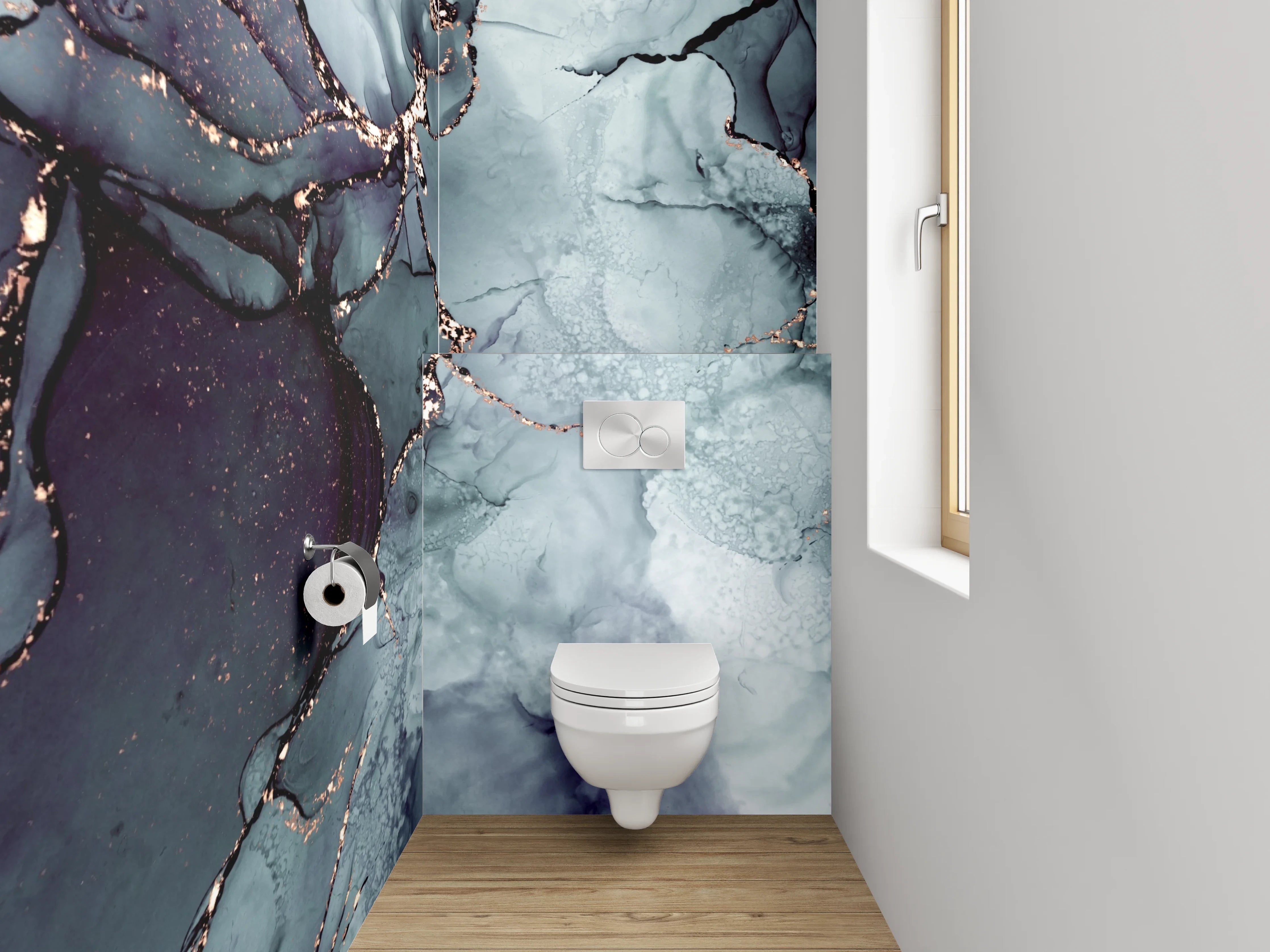 WC-Rückwand - Abstrakte Marmor-Optik in Blau-Grau