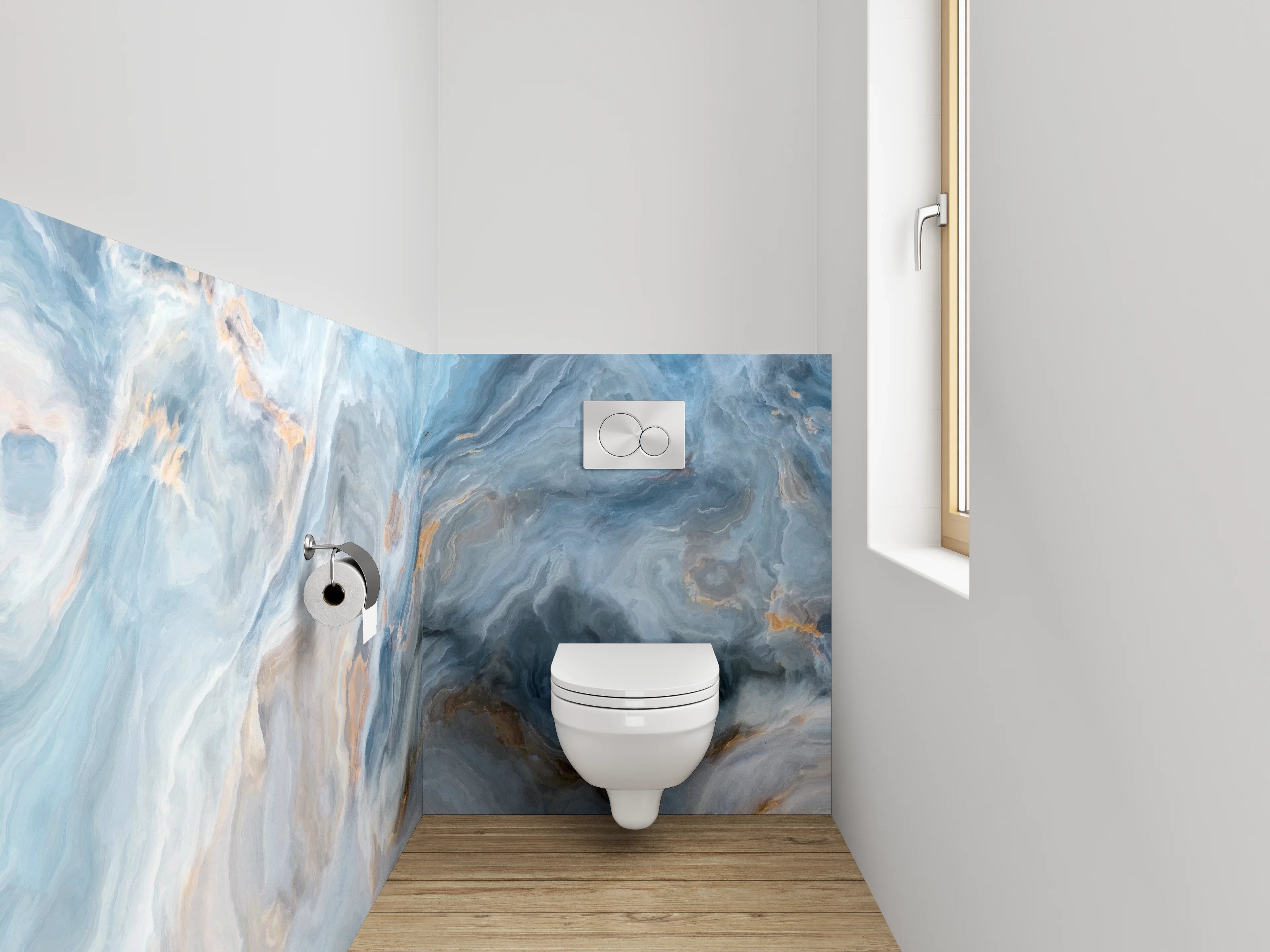 WC-Rückwand - Abstrakte Marmor-Optik in Blau und Beige