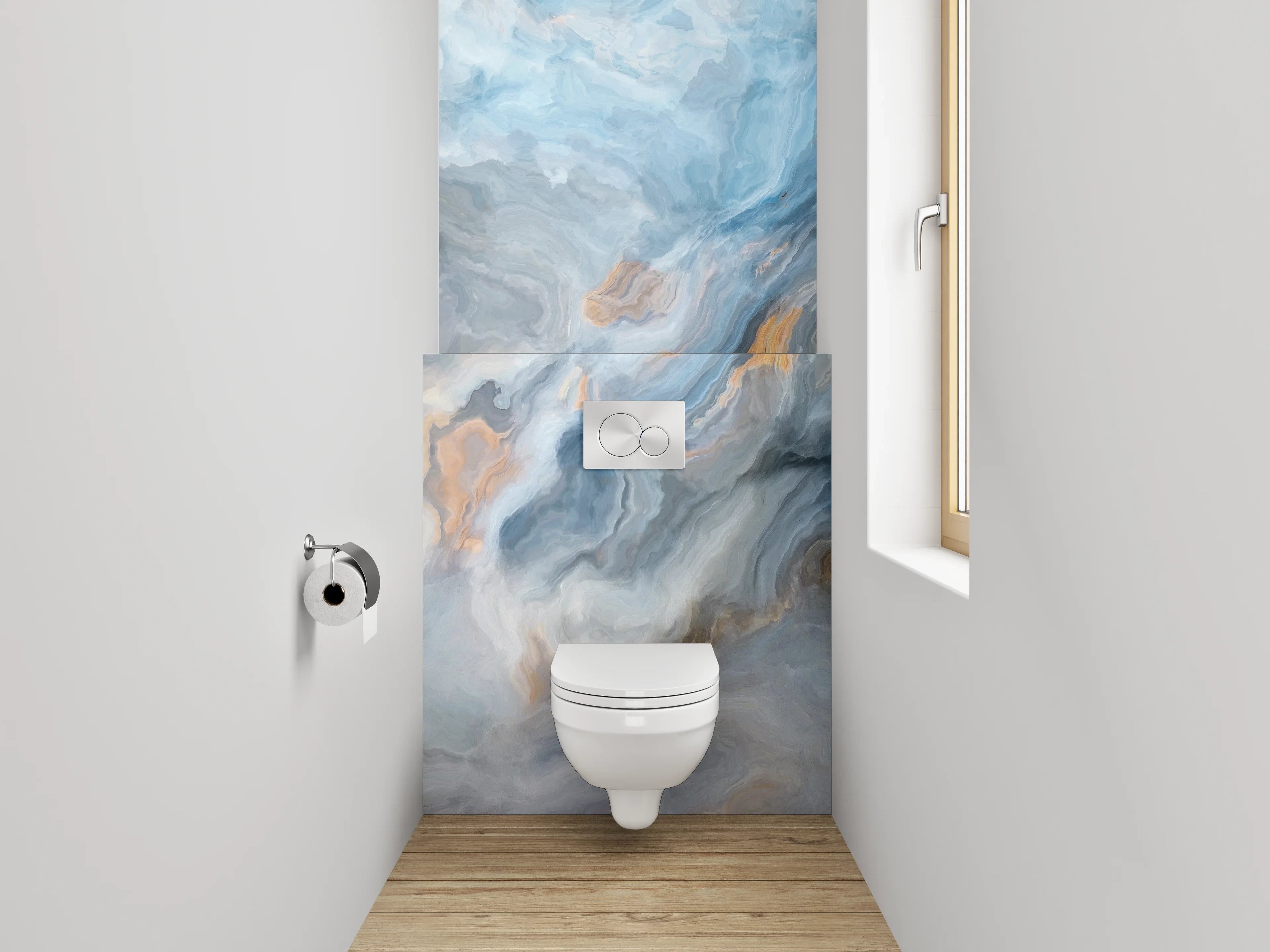 WC-Rückwand - Abstrakte Marmor-Optik in Blau und Beige